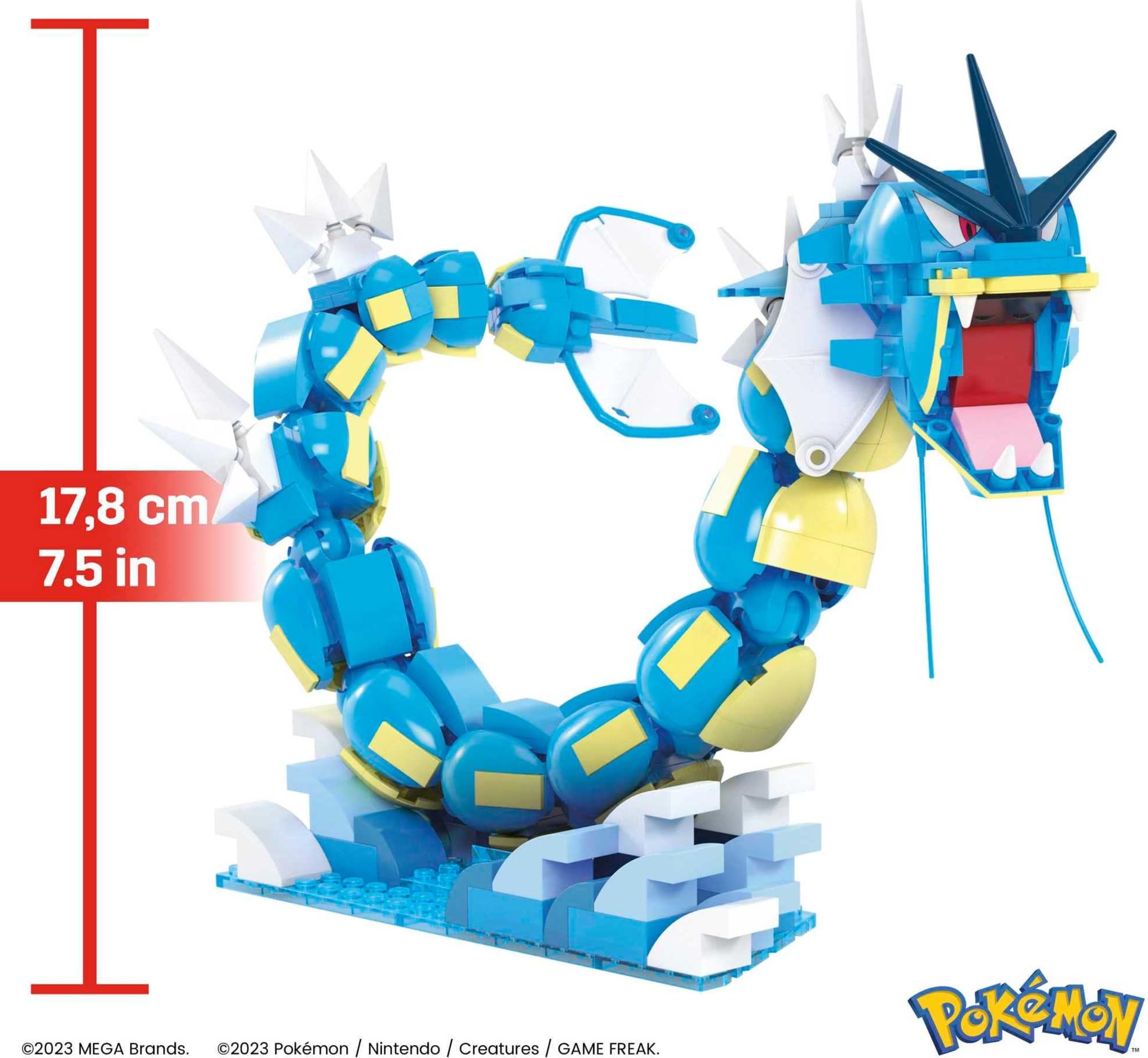 MEGA Pokemon Ewolucja Magikarpa Zestaw klocków (411 elementów), Gyarados (50 cm długości) do ustawiania w różnych pozach, HNT95