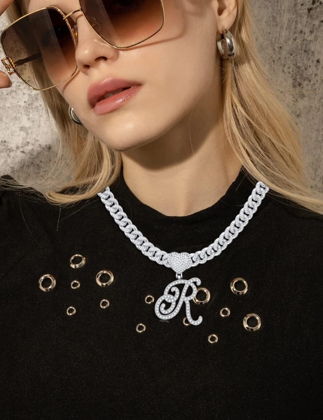 RLMOON 筆記体シルバーイニシャルペンダントネックレス マイアミキューバリンクチェーンネックレス レディース アイスアウトダイヤ