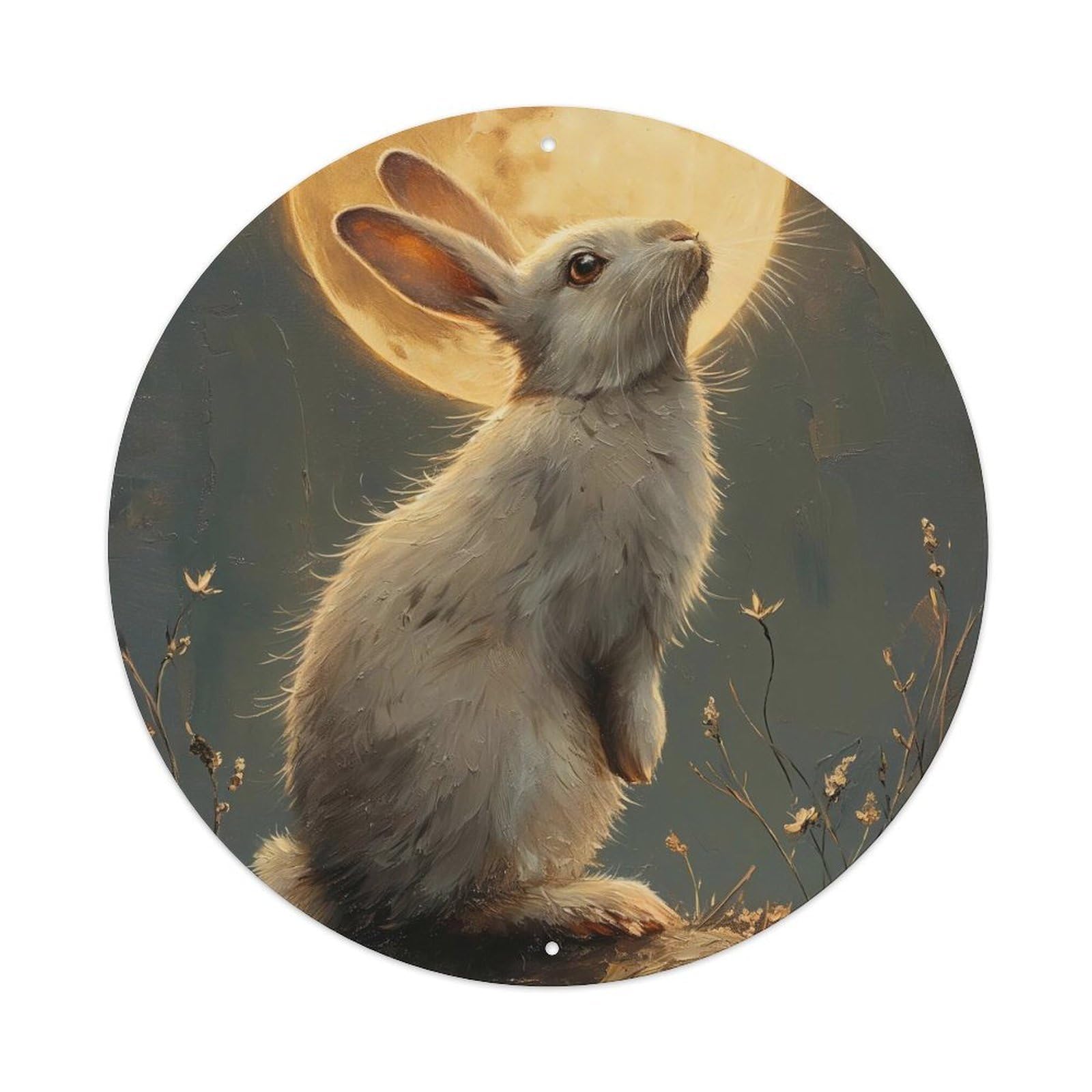 Animal Poster Moon And Rabbit Vintage Metal Tin Sign Plaque Wall Decor for Cafe, Club, Garden Round Metal Poster 8x8Inch