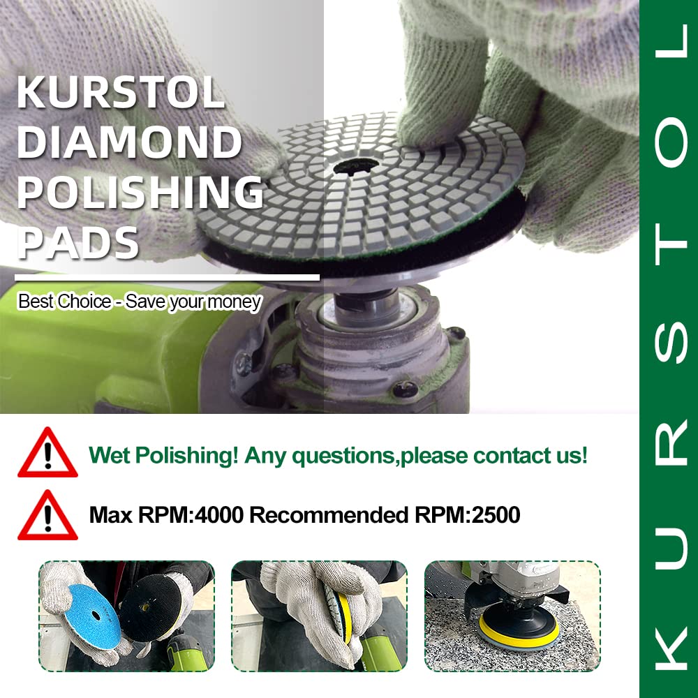 Diamond Polishing Pads Set - 10pcs 4"/100mm Wet Countertop Polishing Pads+1pc Backer Pad of Plastic Body+1pc Adapter 5/8"-11 Thread to Round Shank for Granite Quartz Stone Marble