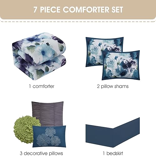 Miniatura 4 de Grand Avenue Juegos de ropa de cama azulpúrpura tamaño Queen con edredón, 7 piezas, decoración para el hogar, microfibra ligera premium, falda de