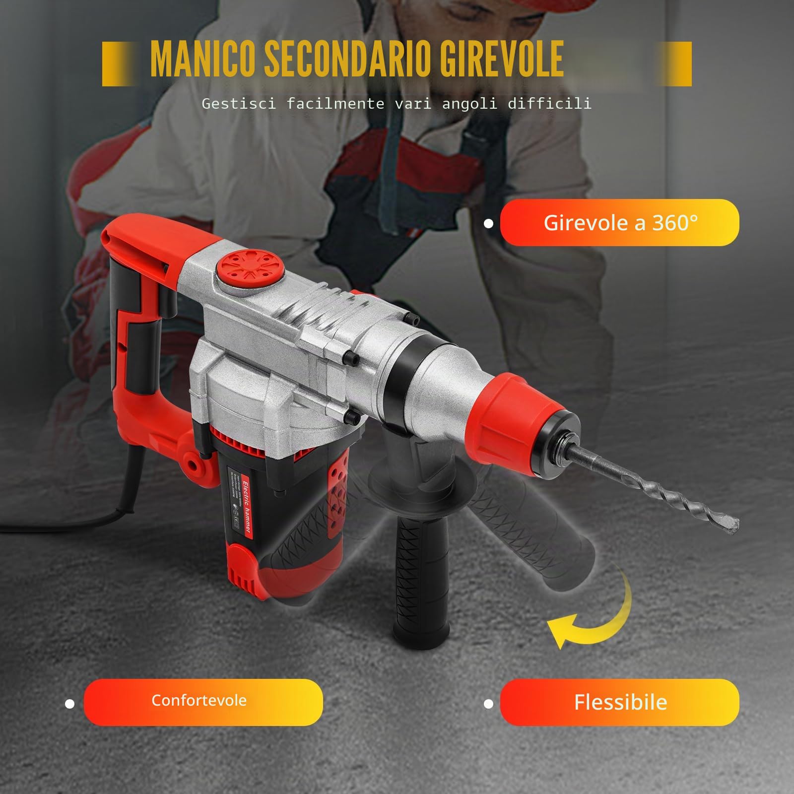 Martello Demolitore Martello Pneumatico, Trapano a percussione, 50 Hz, 0-930 giri/min, martello demolitore, 2200 W, martello elettrico, trapano a percussione con valigetta