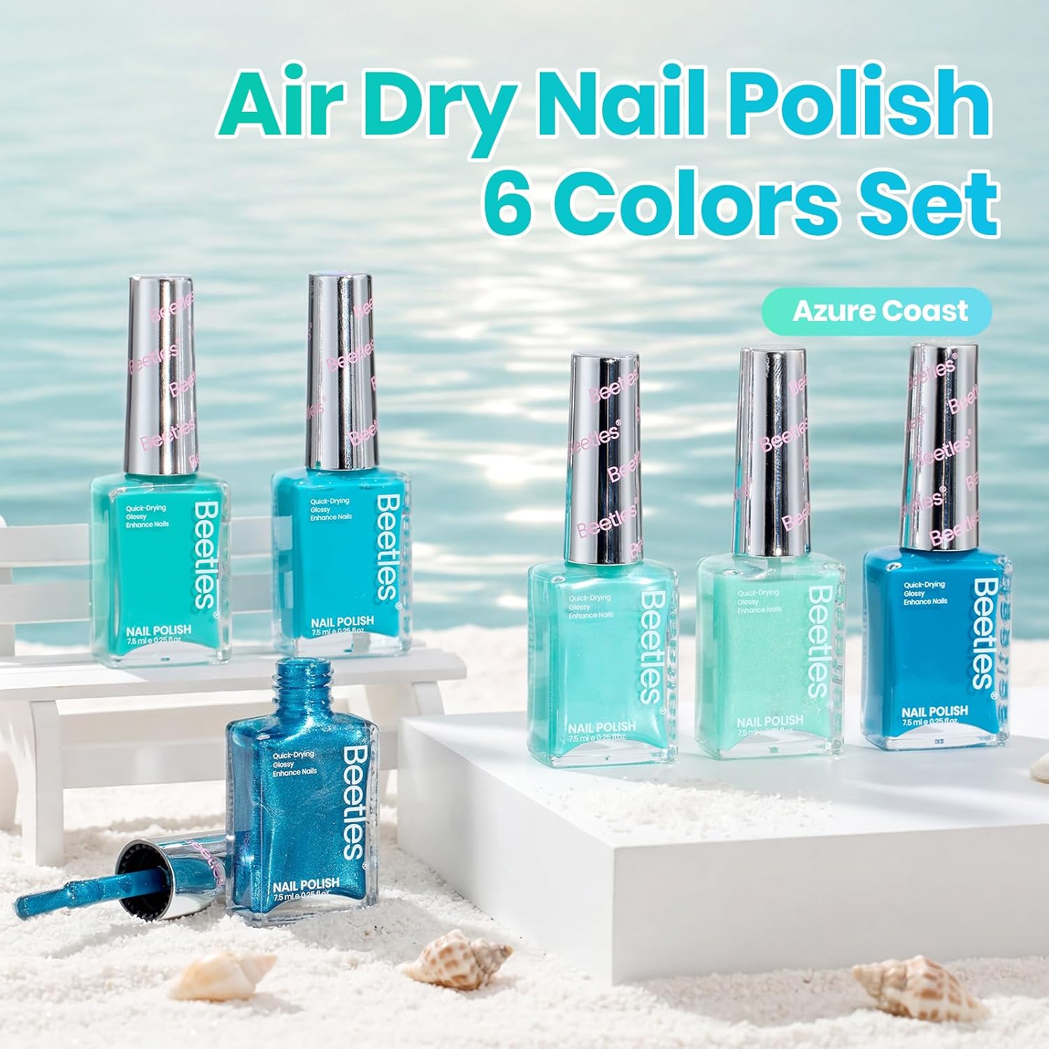 Beetles Blue Nail Polish Set - Azure Coast, 6 Corlors Glitter Peal Summer Nail Polish Set Quick Dry, Long-Lasting Blue Nails for Summer Nails Art Effect for Manicure Salon