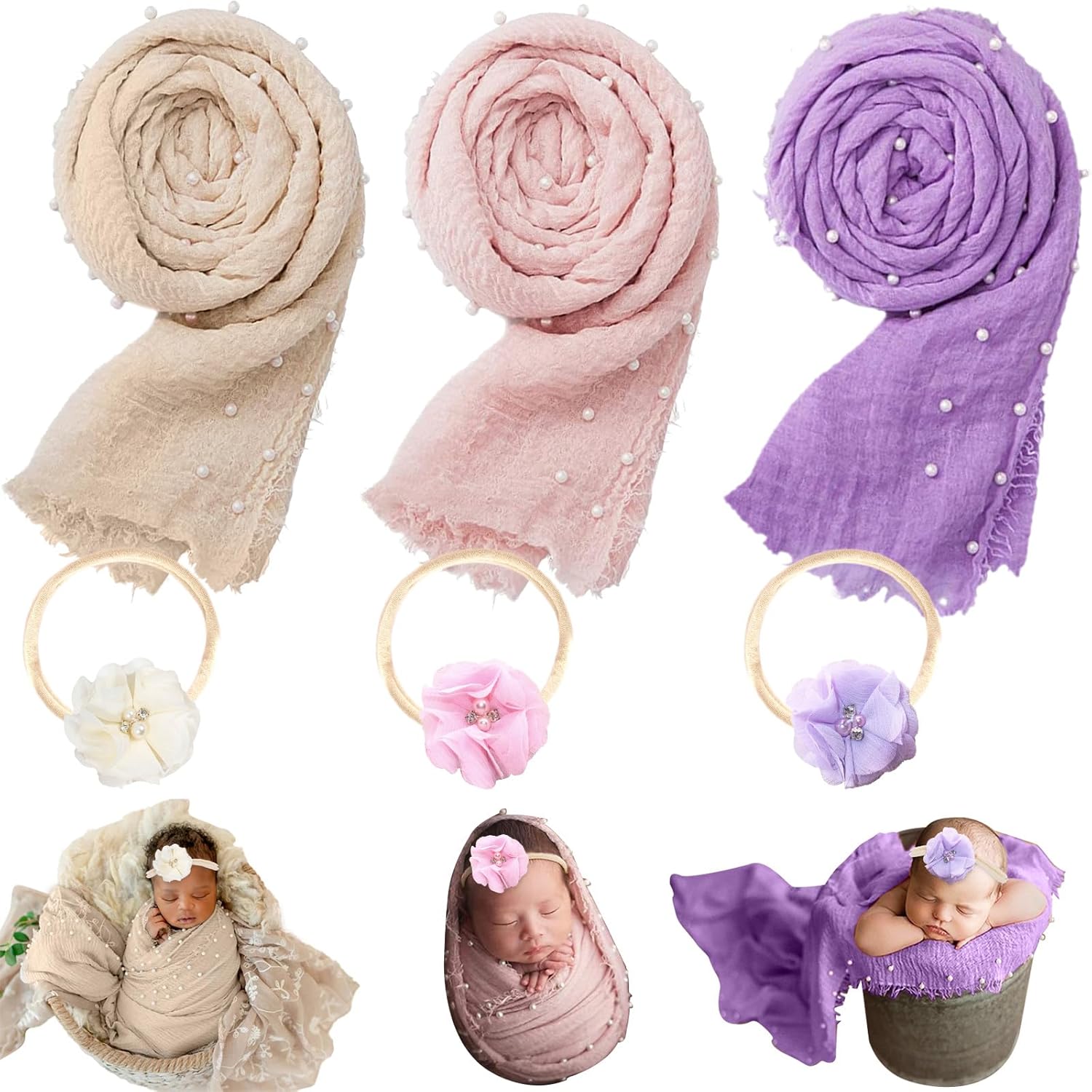 6 PCS Baby Props Photography Wrap Kits, SPOKKI 90X170cm Newborn Long Ripple Wraps with 3Pcs Flower Girl Headband Classic Outfits for Girl Princess Twins Birthday Party