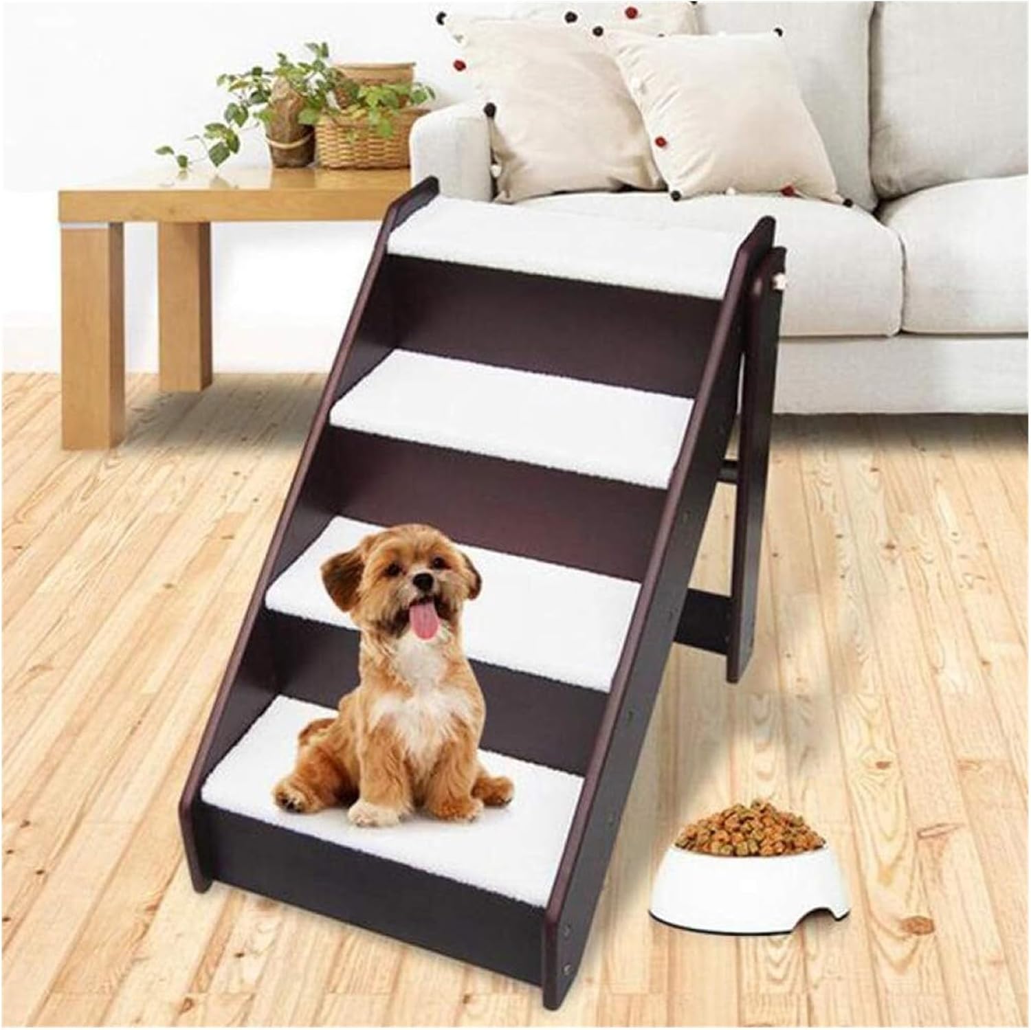 4Steps NonSlip Pet Bed Ladder, Wooden Foldable Dog