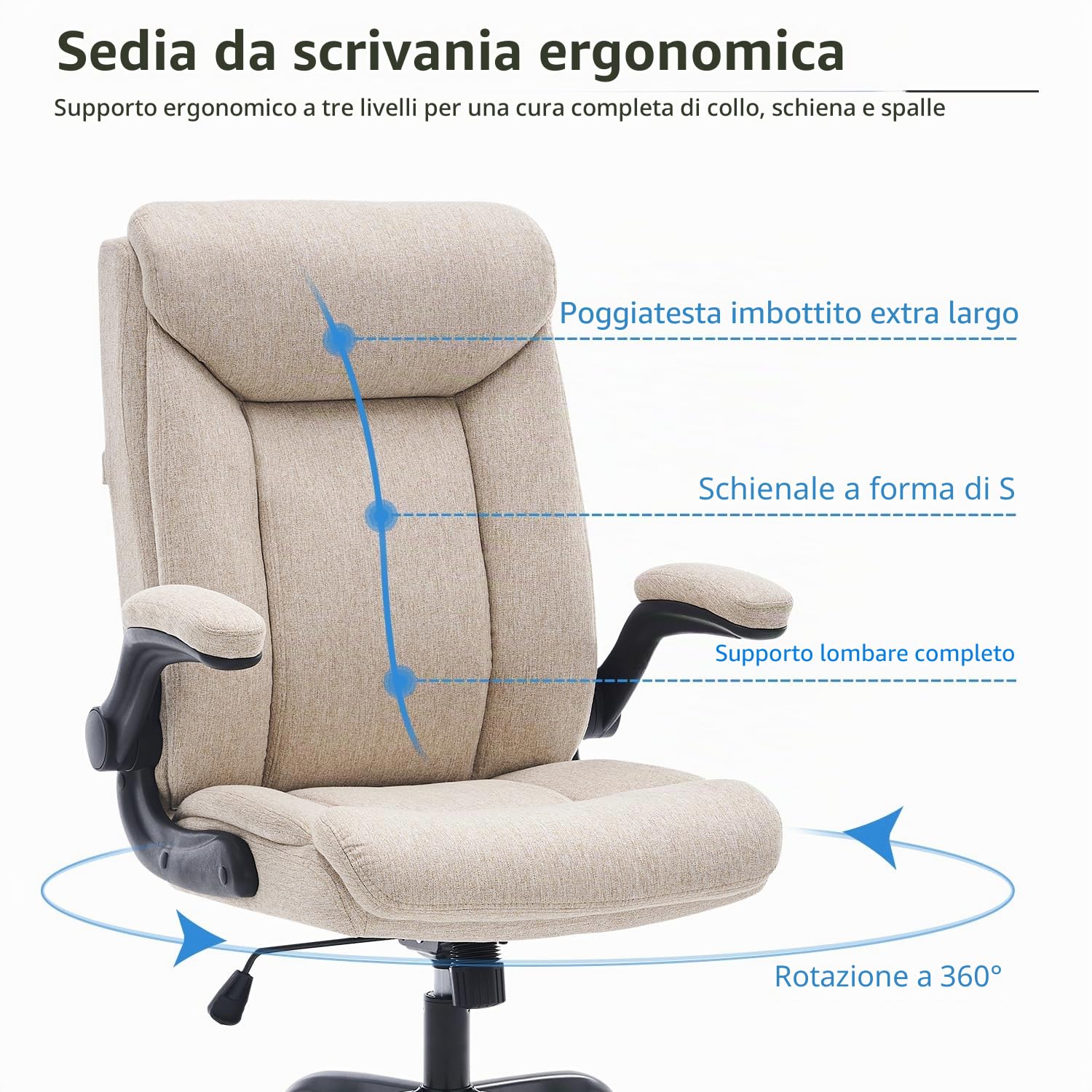 MZLEE Sedia da ufficio ergonomica per computer, sedia da lavoro girevole con braccioli pieghevoli, altezza regolabile, comoda per l'ufficio o giochi a casa (tessuto beige)