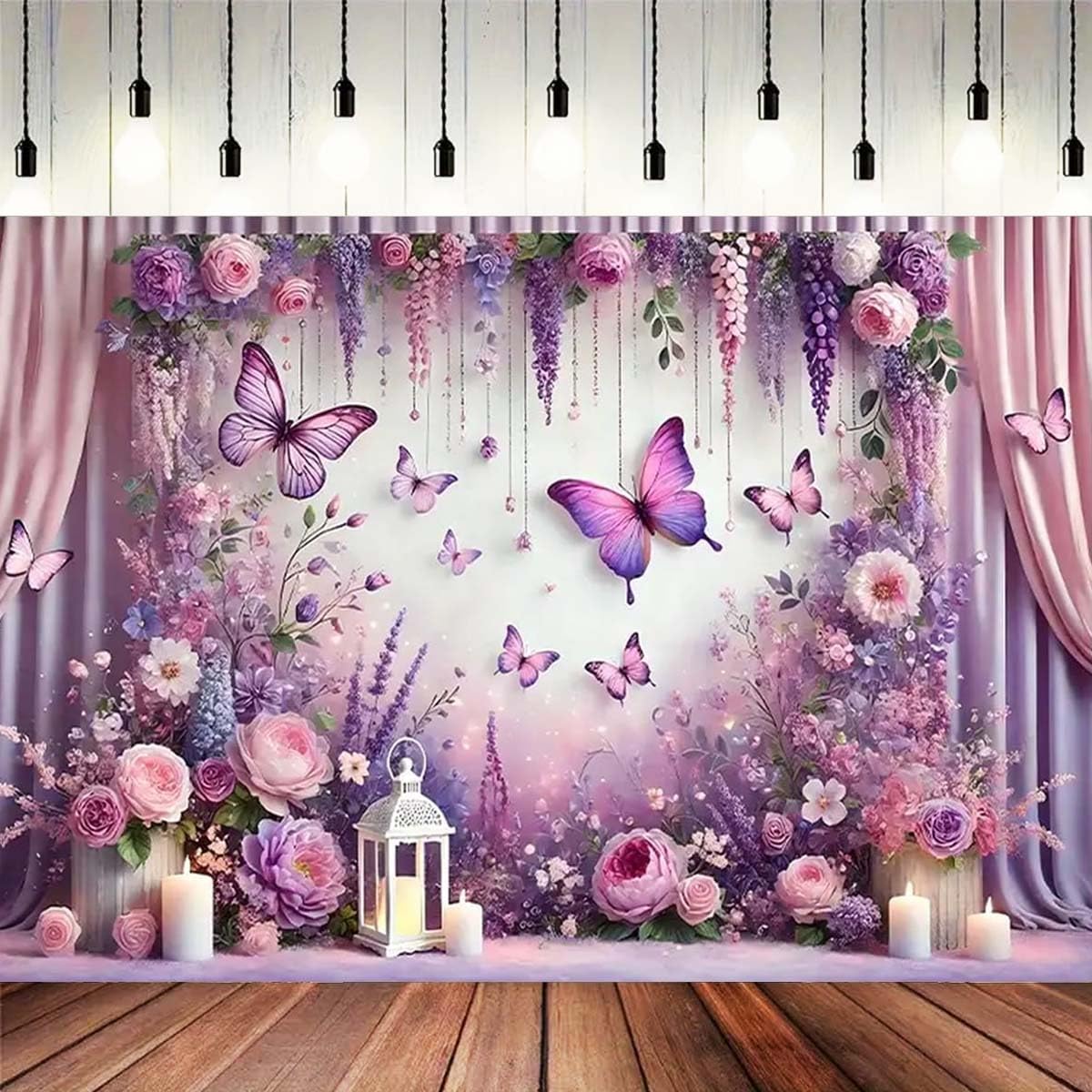 Purple Butterfly Floral Photography Background Women Girls Flowers Glitter Gold Dots Photography Background Kids 1st Birthday Backgrounds Newborn Cake