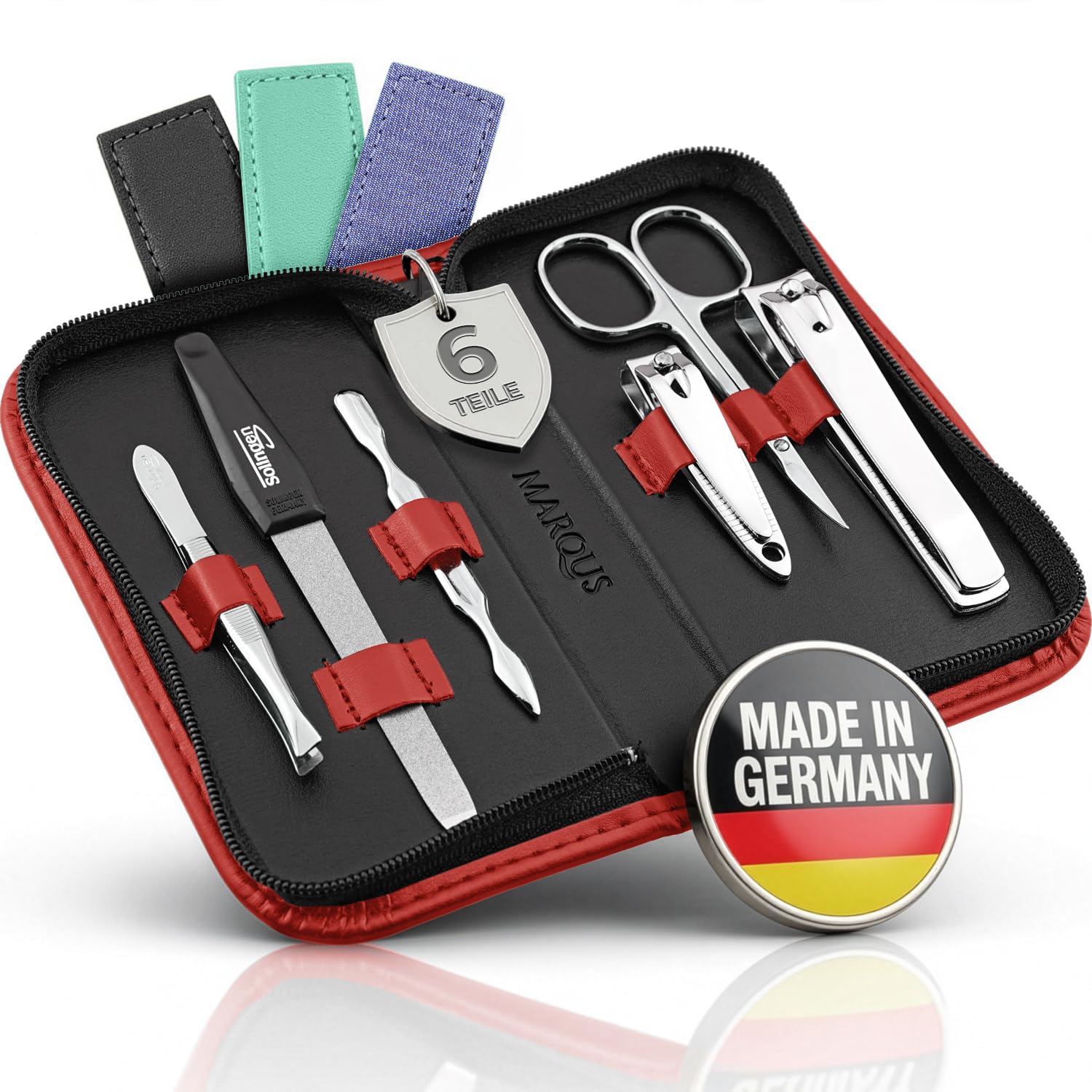 Maniküre Set Solingen mit Top Preis/Leistung - Kunst-Leder Etui handlich und weich - 6teiliges Nagelset für Damen und Herren marQus aus glanzvernickeltem poliertem Stahl