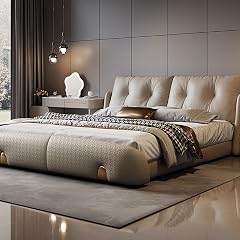 Gray King Size Genuine Leather Bed Upholstered Platform Bed Frame with Wingback Headboard and Storage Drawers Strong Wooden