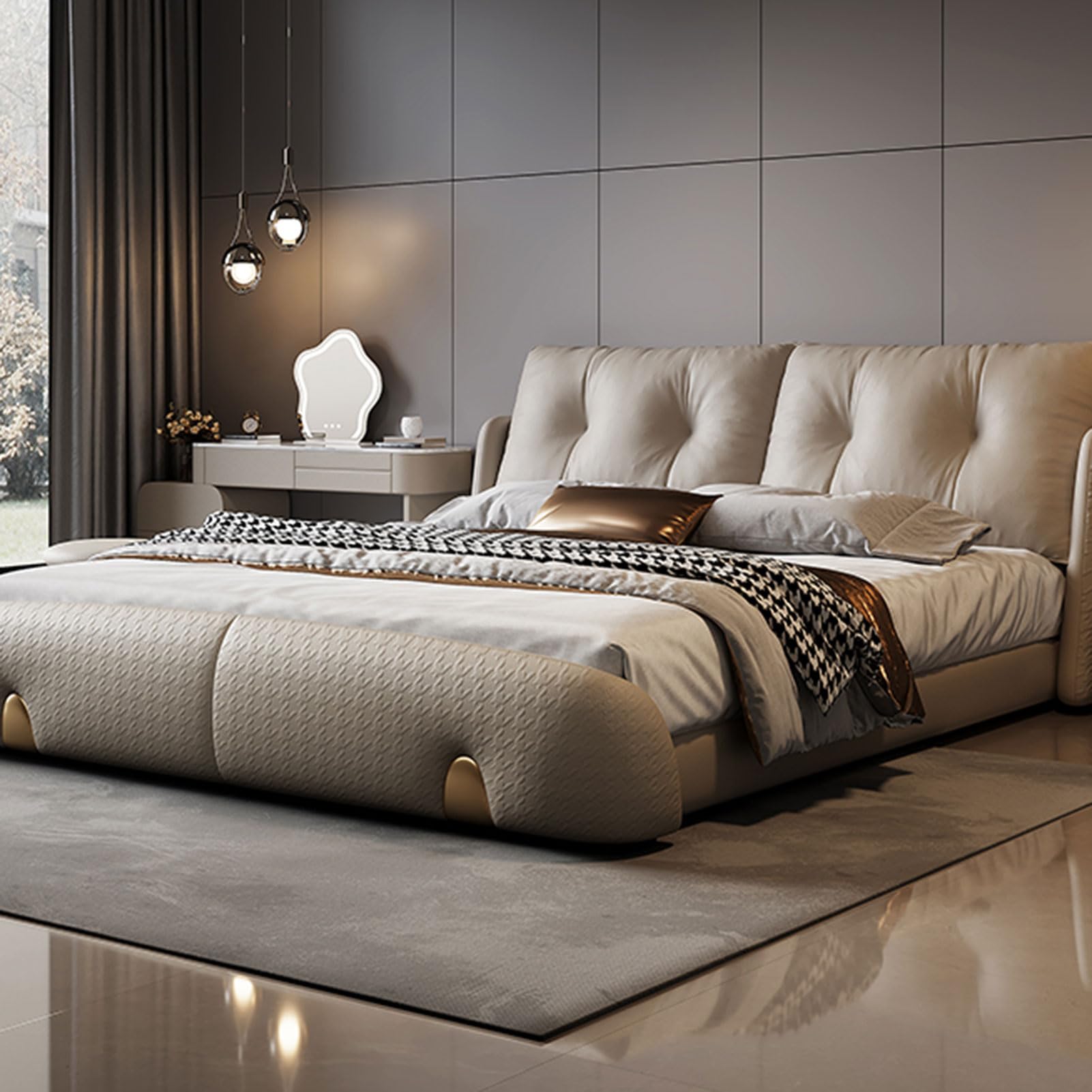Gray King Size Genuine Leather Bed Upholstered Platform Bed Frame with Wingback Headboard and Storage Drawers Strong Wooden