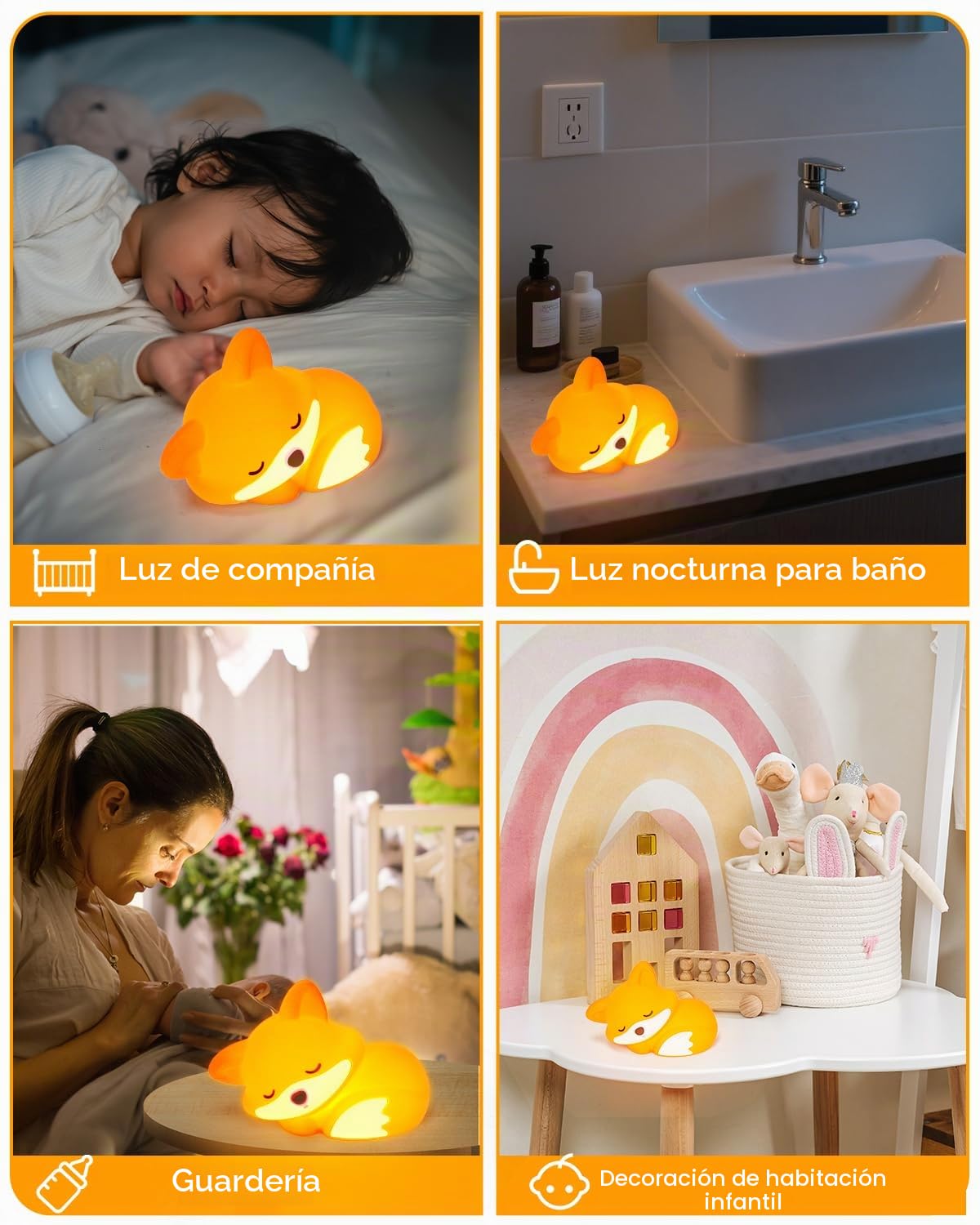 Amaredom - Lámpara Infantil Zorro de Silicona Suave, Luz Nocturna Bebé con Brillo Regulable y Apagado Automático 20 min, Regalo Único y Juguete Adorable por los Niños