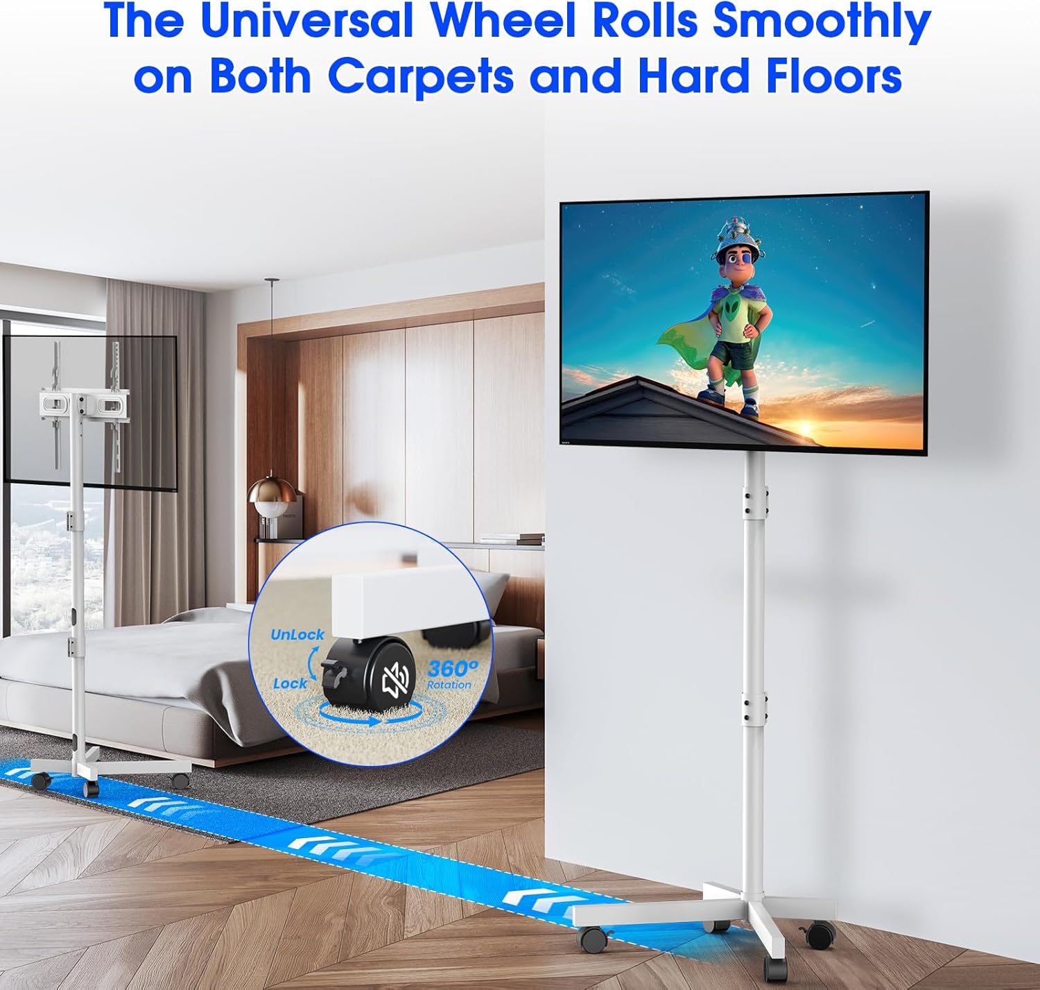 Mobile TV Stand for 23-60 Inch LCD LED OLED Flat Panel Curved Screen TVs up to 88 lbs, Tilt and Height Adjustable, Locking Rolling Wheels TV Cart, Max VESA 400x400mm, White