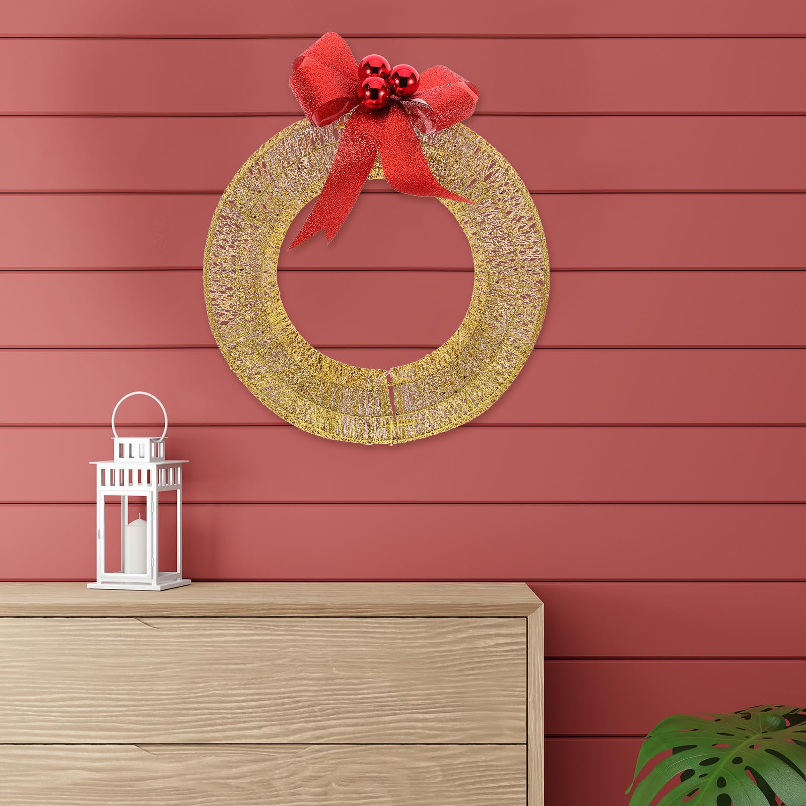 Festlicher Metallisch Leuchtender LED Warmen Lichtern mit Weihnachtskranz Türkranz aus Eisen und Kunststoff als Weihnachtsdeko für Wohnzimmer und Eingang