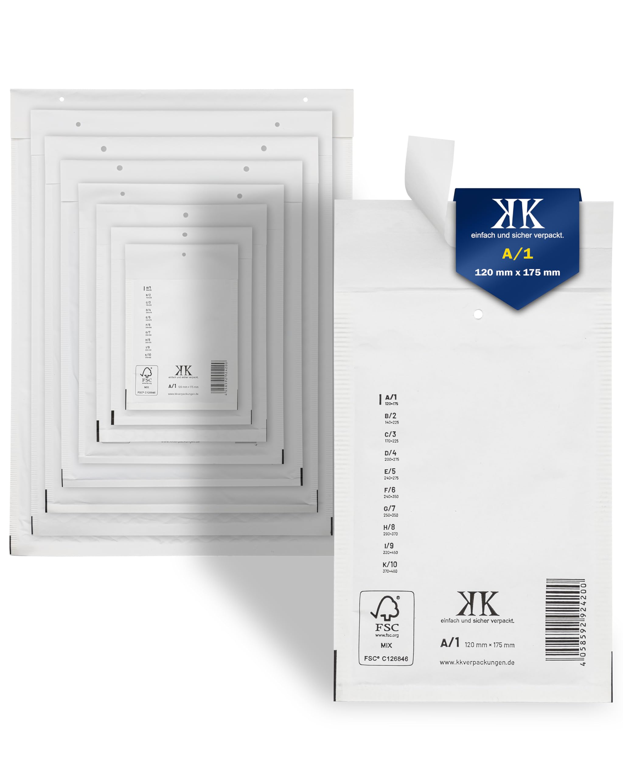 KK Verpackungen 1200x Luftpolster-Versandtaschen A1 A/1 120 x 175 mm (Außenmaß) in Weiß | Luftpolsterumschläge Luftpolstertaschen selbstklebend für DIN A6+