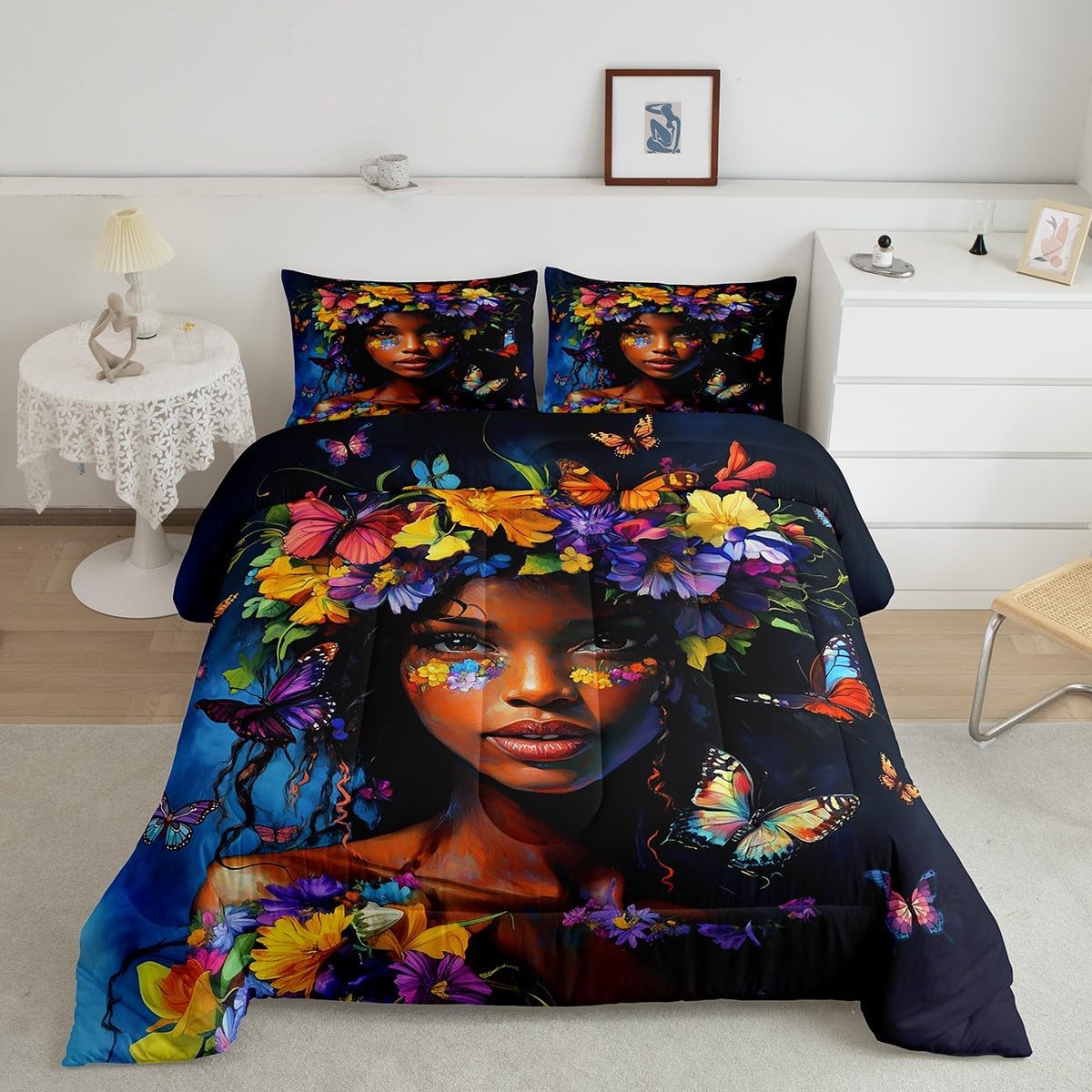African Style American Comforter Set Queen Size,Blossom Flower Butterfly Bedding Set for Kids Girls Adult Room Decor,African Style Girl Duvet Insert 3Pcs,Exotic Princess Quilt Set,2 Pillowcases