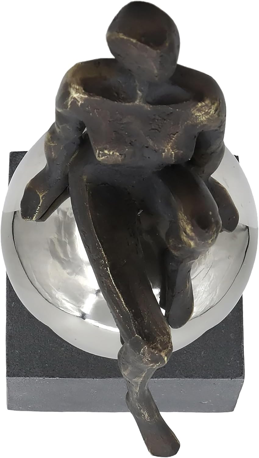 Abstract Sitting Sculpture Figurine for Home Decor - Resin and Stainless Steel Statue on Sphere for Shelf or Coffee Table Setup - Accent Piece for Living Room or Office Display - 15”, Gold & Metallic