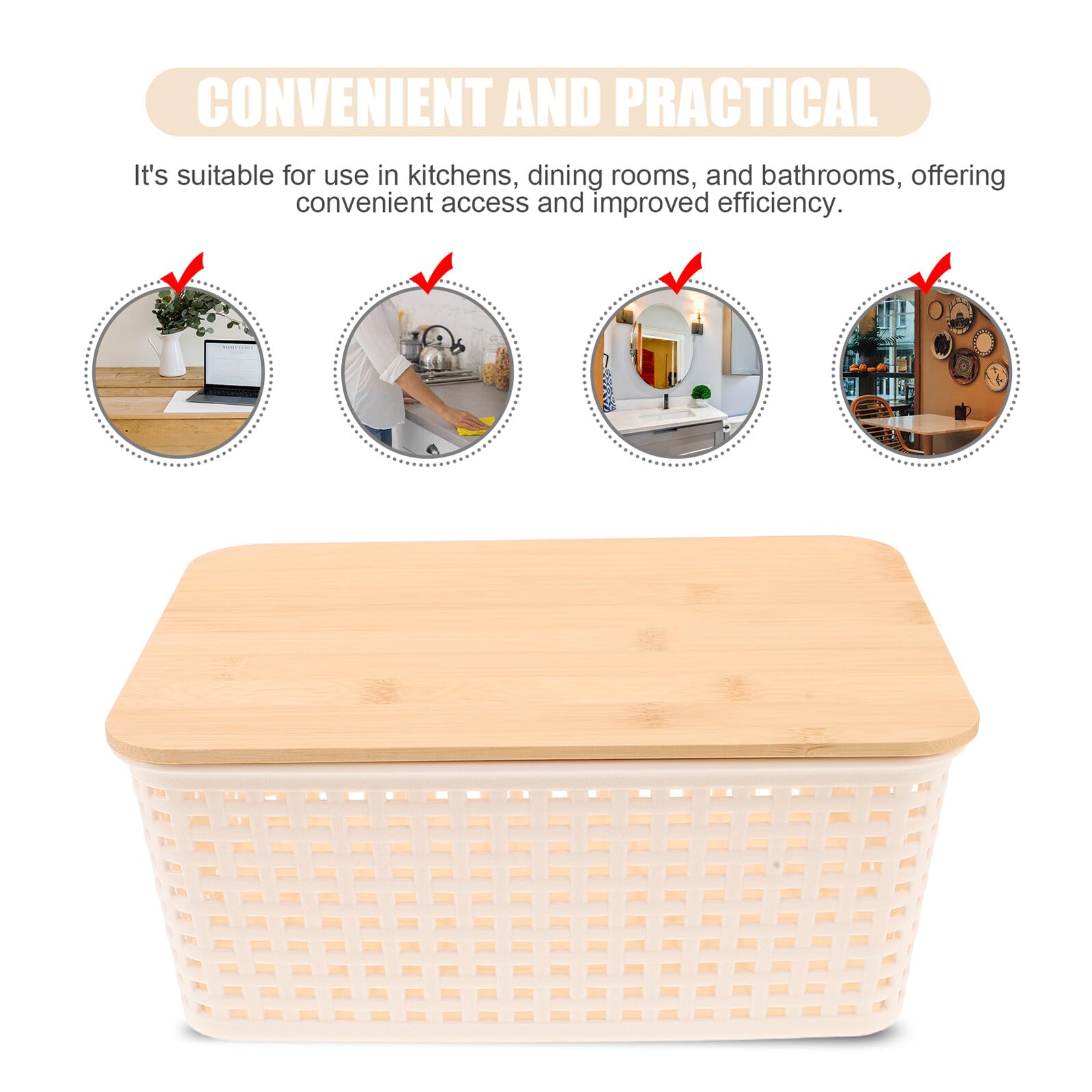 ABOOFAN 2 Pezzi Contenitori Portaoggetti con Coperchio in Bambù, Scatole Rettangolari con Design a Quadri per Cucina e Bagno, Resistente All’Umidità e Antipolvere