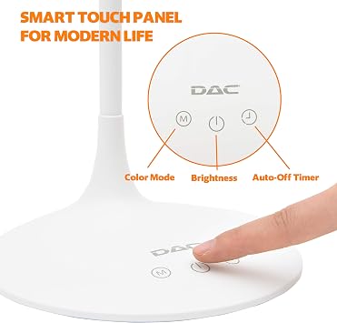 DAC LED Desk Lamp, Eye Care Table Lamp, 360 Degree Flexible Gooseneck, Continuously Dimmable, 3 Color Modes, Touch-Sensitive Control Panel, 40-Minute Auto Shut-Off Timer, White, 6W