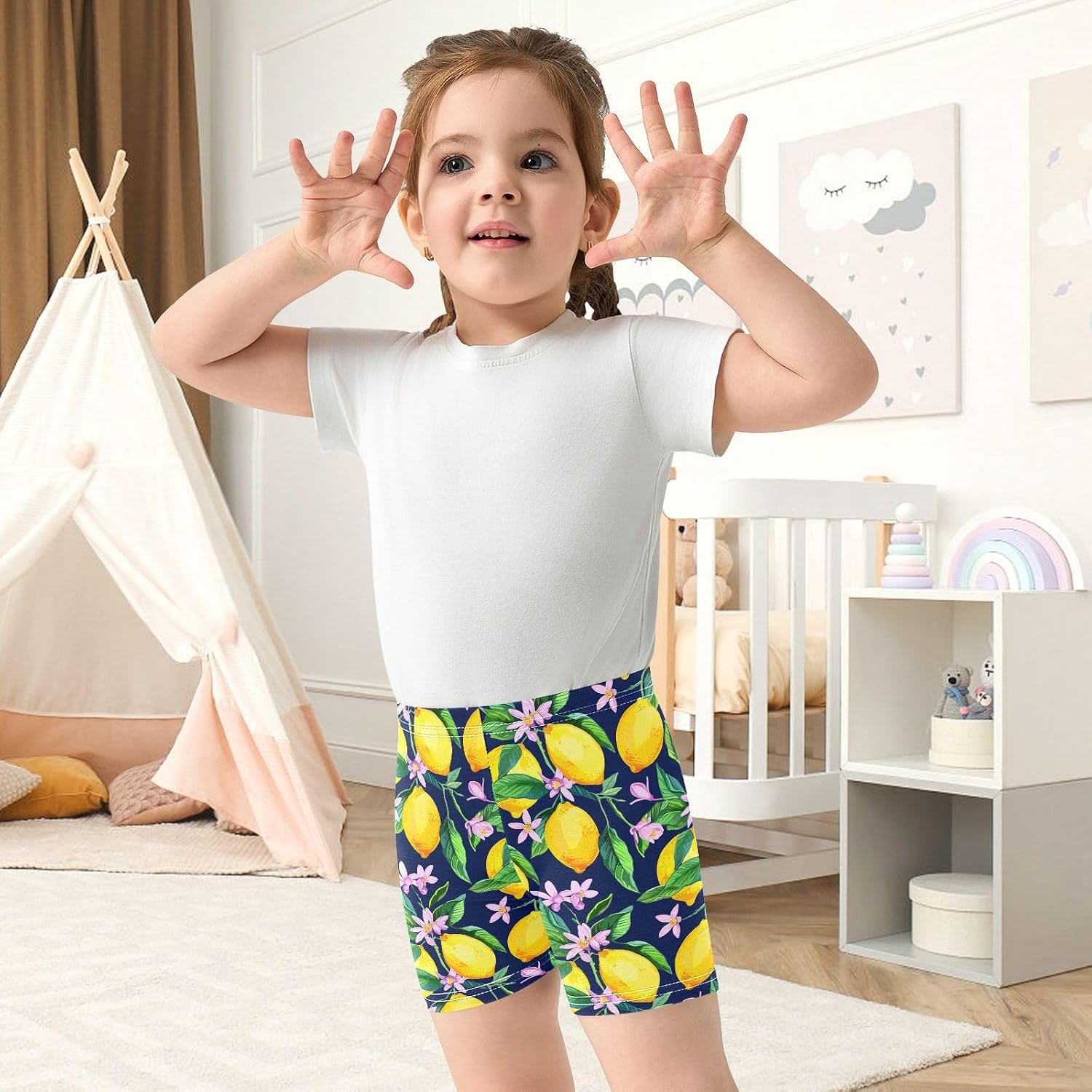 Lemon Blossom Leaves Blue Girls Bike Shorts Toddler Soft Cotton Cartwheel Under Dress Dance Shorts