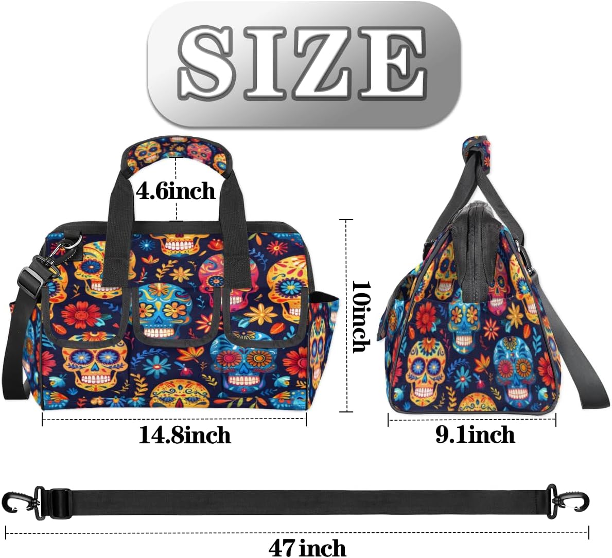 Tool Bag with Multi-Pockets Soft Handle Adjustable Shoulder Strap Colorful Skull Head Portable Sturdy Waterproof Durable Wide Mouth Tote for Instrument Mechanic Carpenter