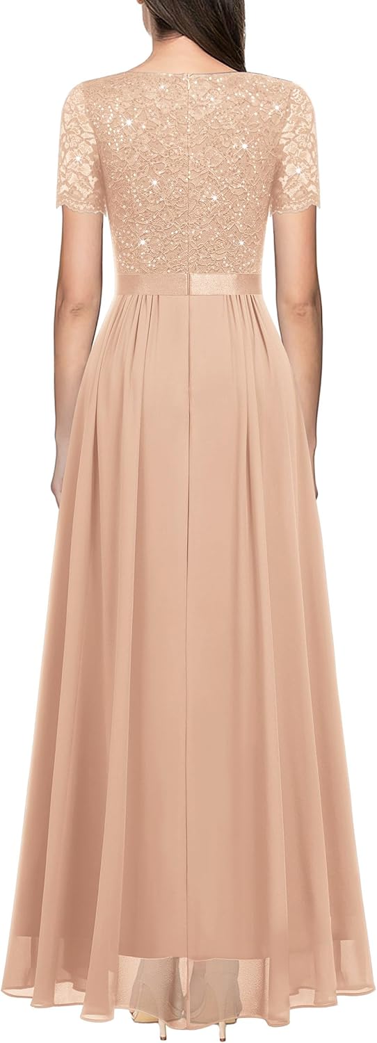 Miusol Women's Classy V-Neck Ruffle Floral Lace Hem Trim Sequined Maxi Bridesmaid Dress (Small, Champagne) - Image 2