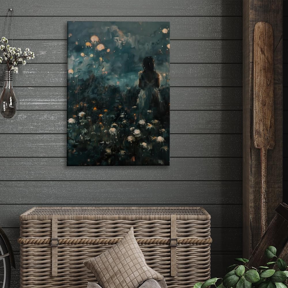 Abstract Girl in Night Garden Dark Academia Painting Poster Canvas Print Retro Abstract Artwork Aesthetic Home Decor for Living Room Home Office Bedroom Wall Art Decor Framed12x18inch