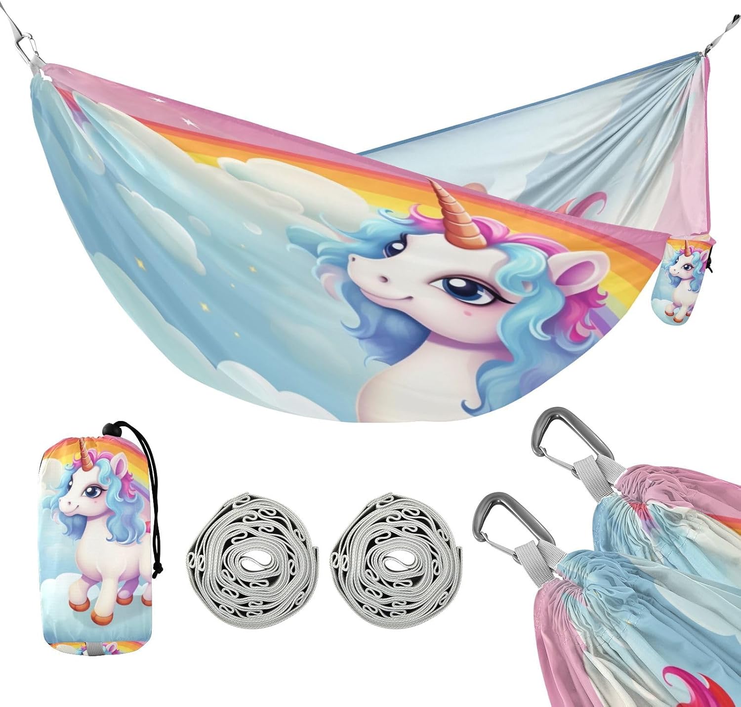 ALAZA Unicorn Rainbow Camping Hammocks Single or 2 Person 500 lbs Portable Parachute Travel Hammock w/Tree Straps for Hiking Backpacking Indoor Outdoor