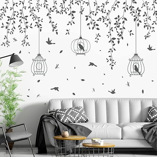 DRWSSR Elegante calcomanía de pared para pájaros diseño de vid negra hermoso mural decoración de pared extraíble para sala de estar dormitorio