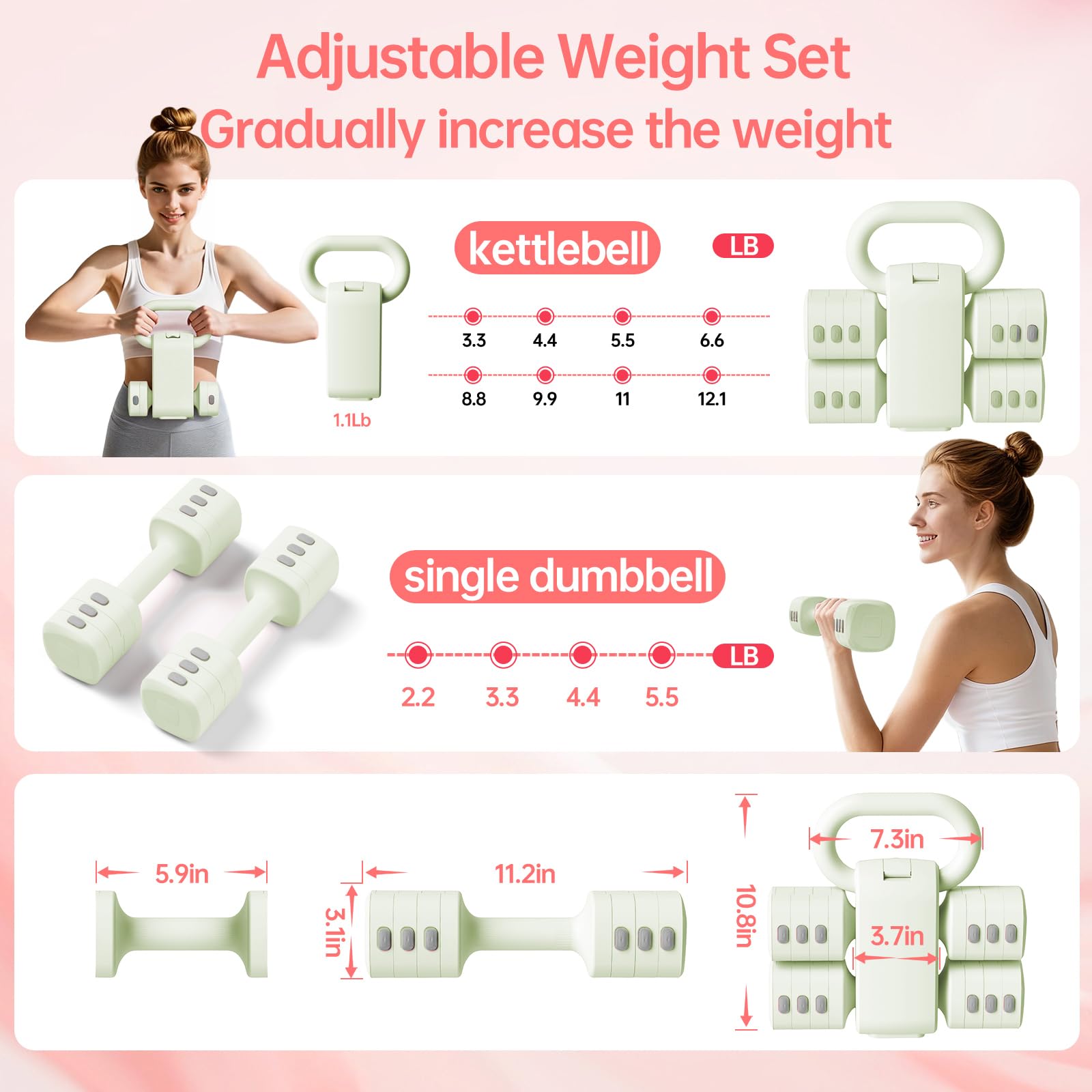 Set di kettlebell regolabili, 4 in 1, set di kettlebell (2,5 kg, 3,5 kg, 4,5 kg, 5,5 kg) per donne, set di 2 manubri per allenamento a casa, palestra, fitness