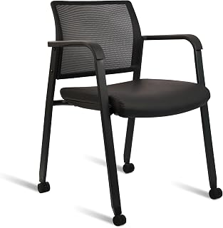 CLATINA Stackable Mesh Back Office Chair with Wheels & Arms - Comfortable Leather Seat, 275lbs Capacity for Waiting Rooms, Conferences, Black