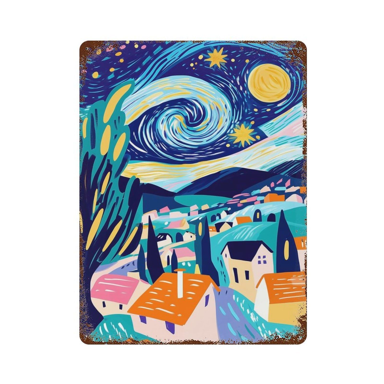 Vivid Fauvist Vision of Starry Night Rust Effect Tin Sign 15.7"x11.8", Retro Wall Decor for Patio, Garden Room And Bar Decor