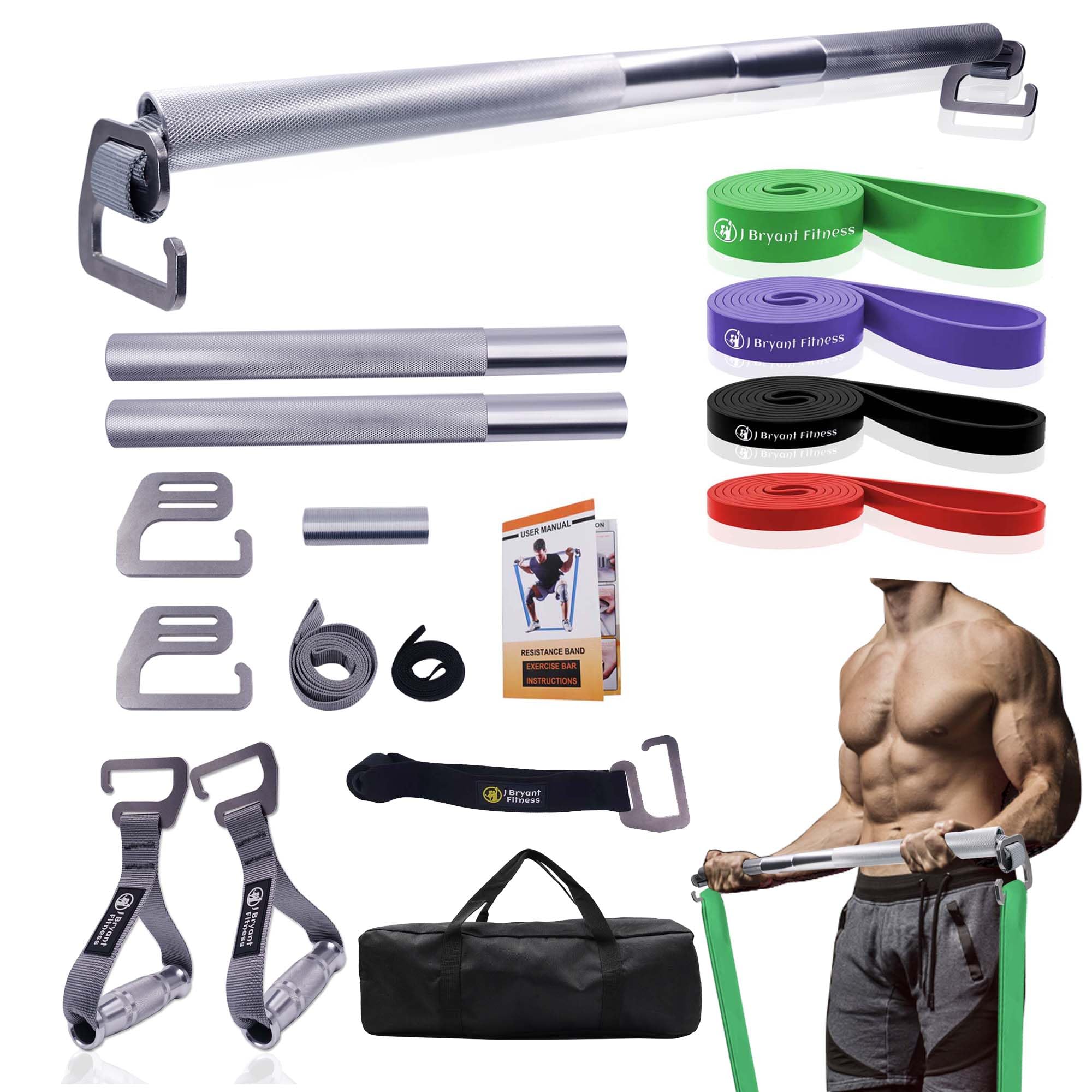 J Bryant Fitness Heavy-Duty Resistance Band Bar with Resistance Bands, E-Shaped Hook Design, 500lb Load Capacity, Anti-Slip Surface, Carry Bag