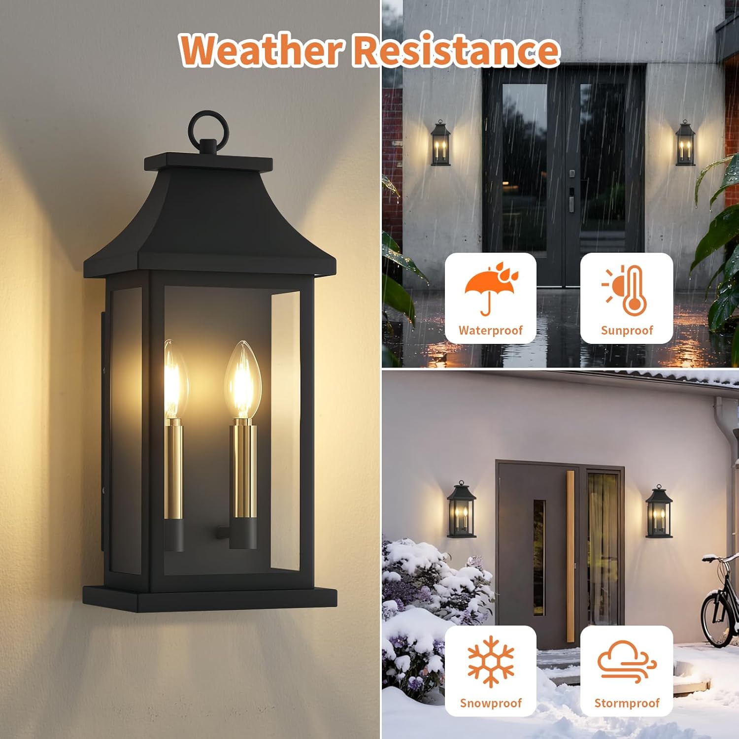 tewei 18'' Outdoor Wall Lights, Porch Light Outdoor Wall Sconce Lantern, 2-Light Black Exterior Lighting Fixture Wall Mount E12 Gold Base, Outside Light for House Backyard Garage, 2-Pack