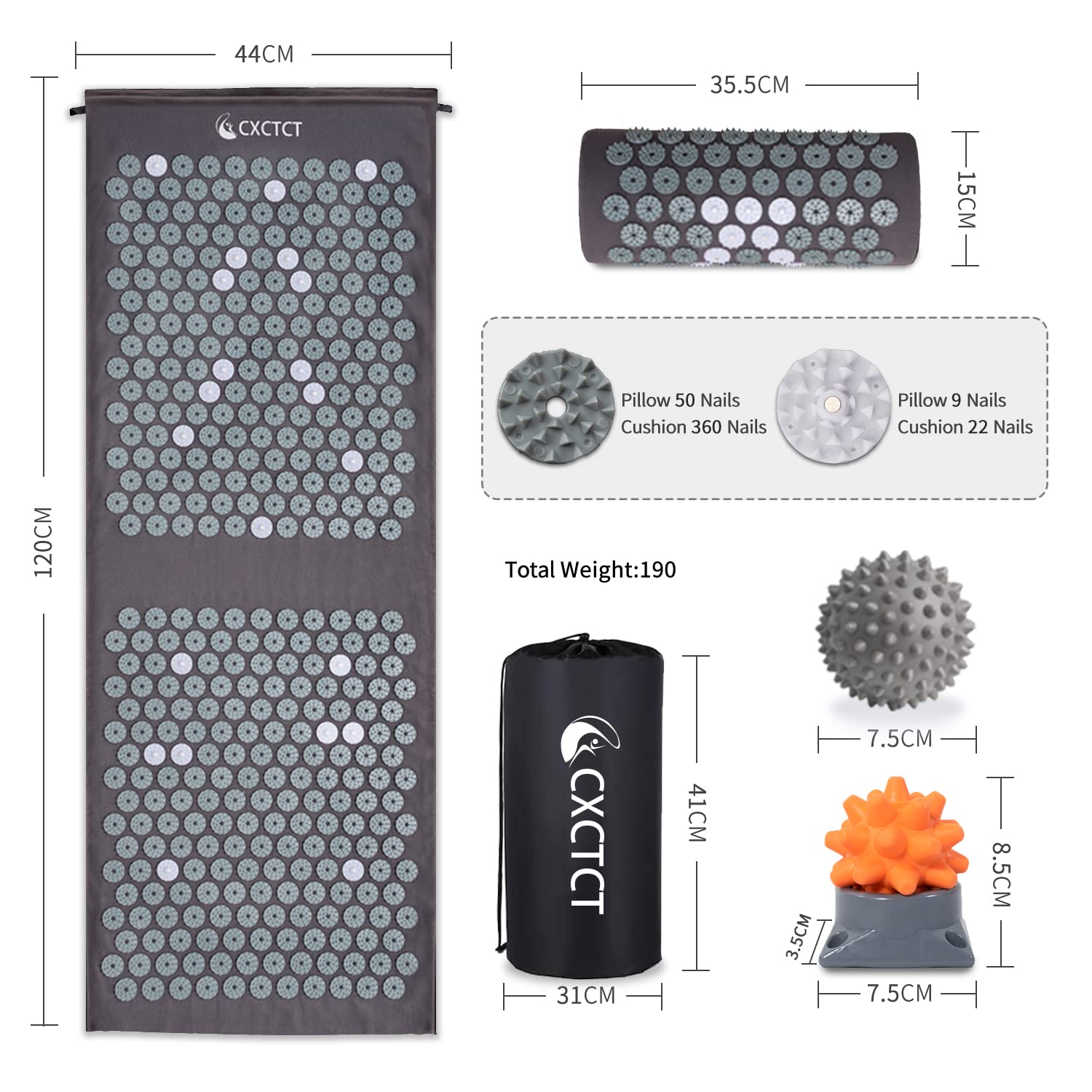 Extra Long Yoga Acupressure Mat Set,Massage Acupuncture Mat Large,Magnetic Mat Acupressure Body mat and Pillow for Neck Back Pain Relief(Grey)