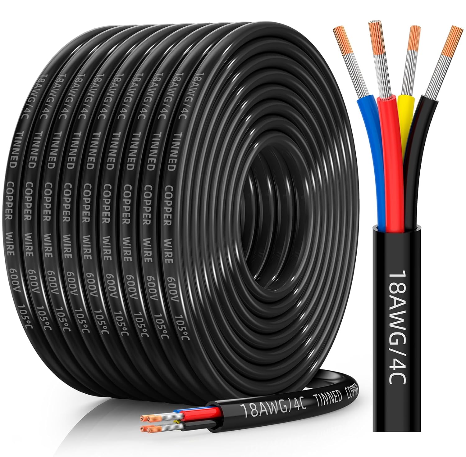 CONEPY 18/4 Gauge Tinned Copper Wire 50FT - IP68 Waterproof Flexible 18 AWG Cable for Marine, RV, Solar, LED, Automotive