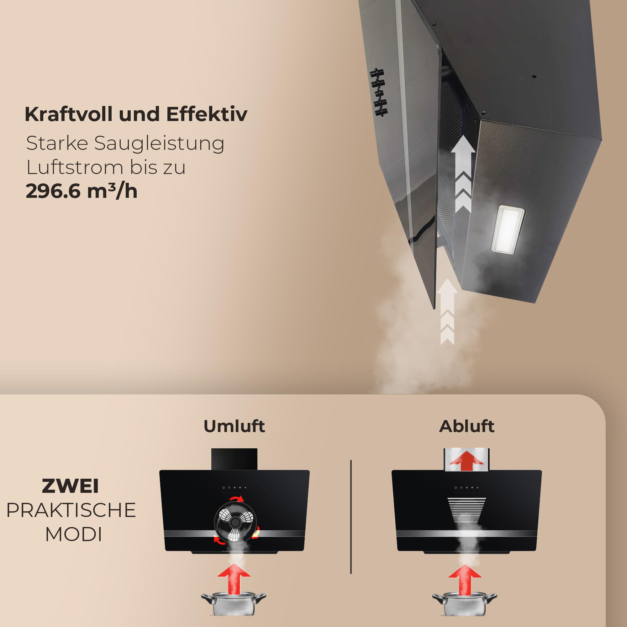 YUNA Dunstabzugshaube DURESA 60 cm Schwarz Glasfront 3 Leistungsstufen 47W Motorleistung Energieeffizienz A Abluft Umluft Kopffrei LED Beleuchtung Ohne Kohlefilter Wandhaube