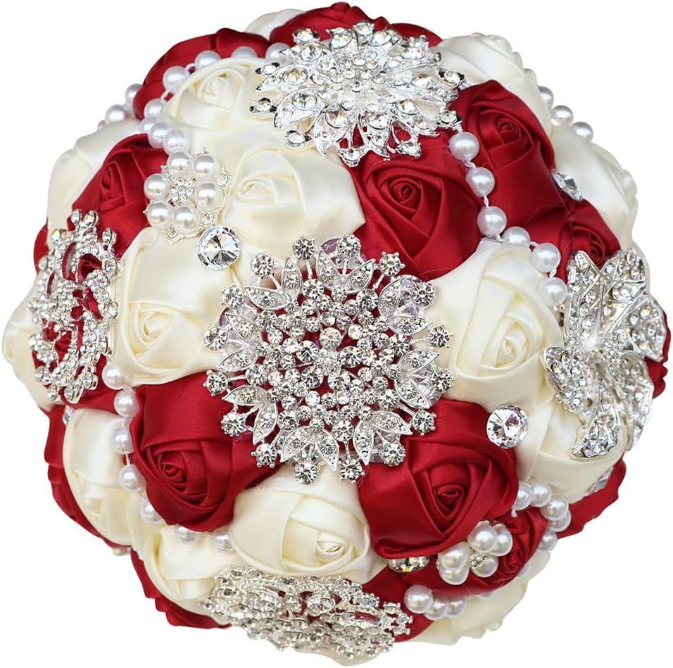 Sharebeauty 7.9 Inch Handmade Satin Rose Bridal Bouquet Toss Round Wedding Bouquet Throw Toss Artificial Flower Bunch Deep Green + Ivory