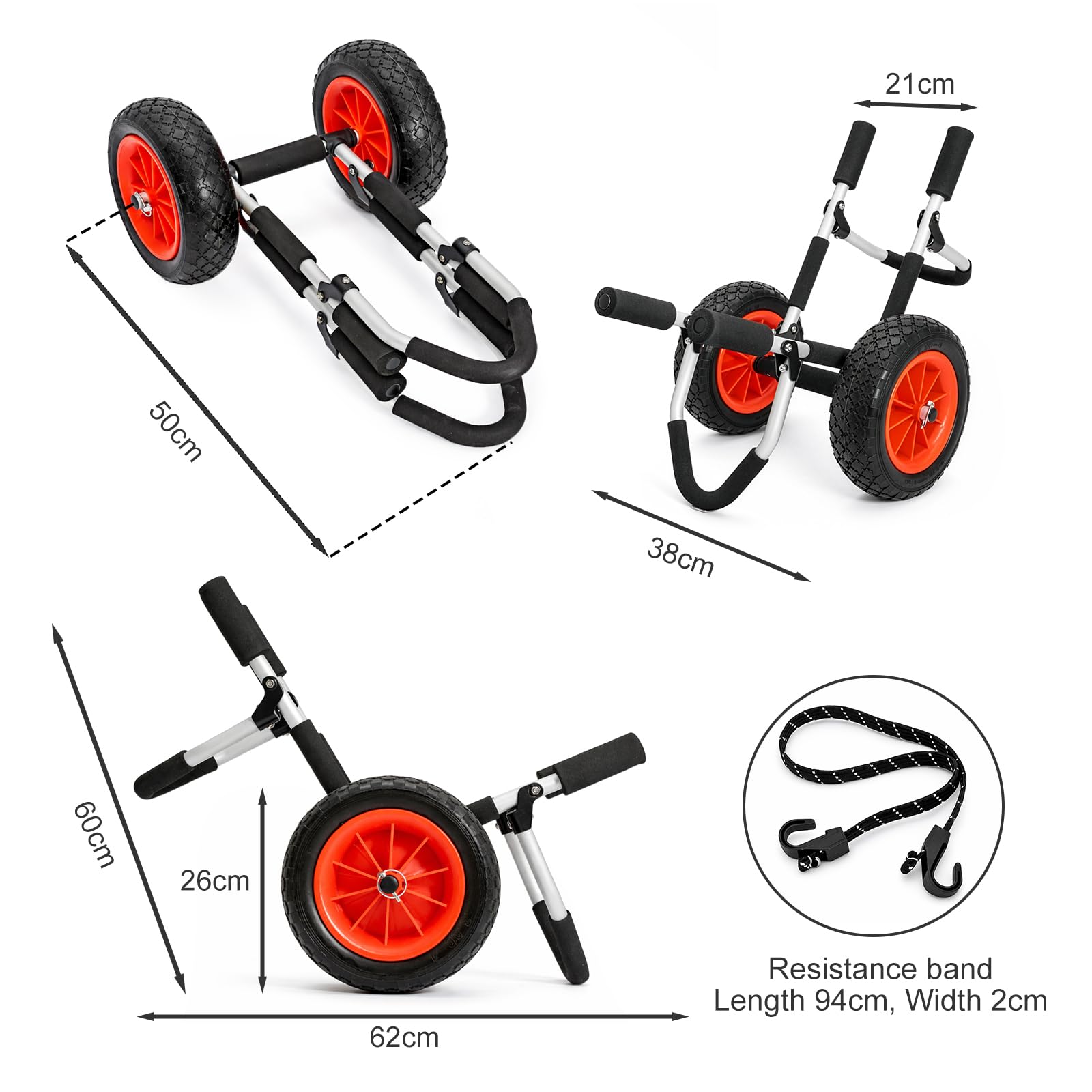 Upgraded Klappbarer Kajak-Wagen mit pannensicheren Luftreifen, robuster Aluminium-Kajak- und Kanukarren für Kajak, Kanu, SUP, Paddleboard, 100 kg Tragfähigkeit – Tragbarer Bootswagen