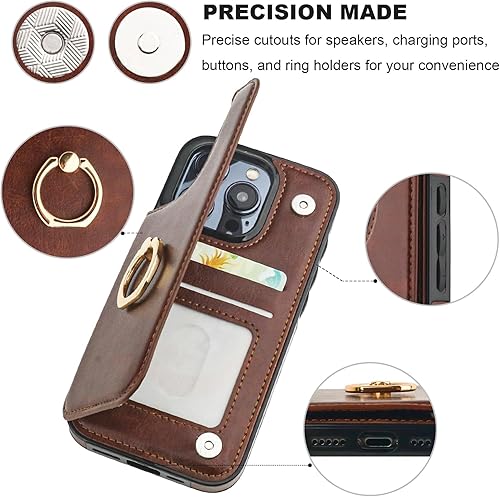 Miniatura 8 de Funda tipo cartera para iPhone 15 Pro con soporte para tarjetas, anillo de rotación de 360, función atril con bloqueo RFID, piel sintética, doble