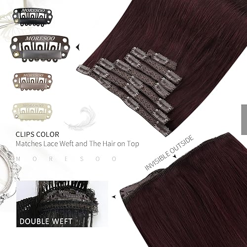 Miniatura 4 de Moresoo Extensiones de cabello humano real color burdeos con clip, extensiones de cabello humano rojo oscuro con clip de doble trama, color vino