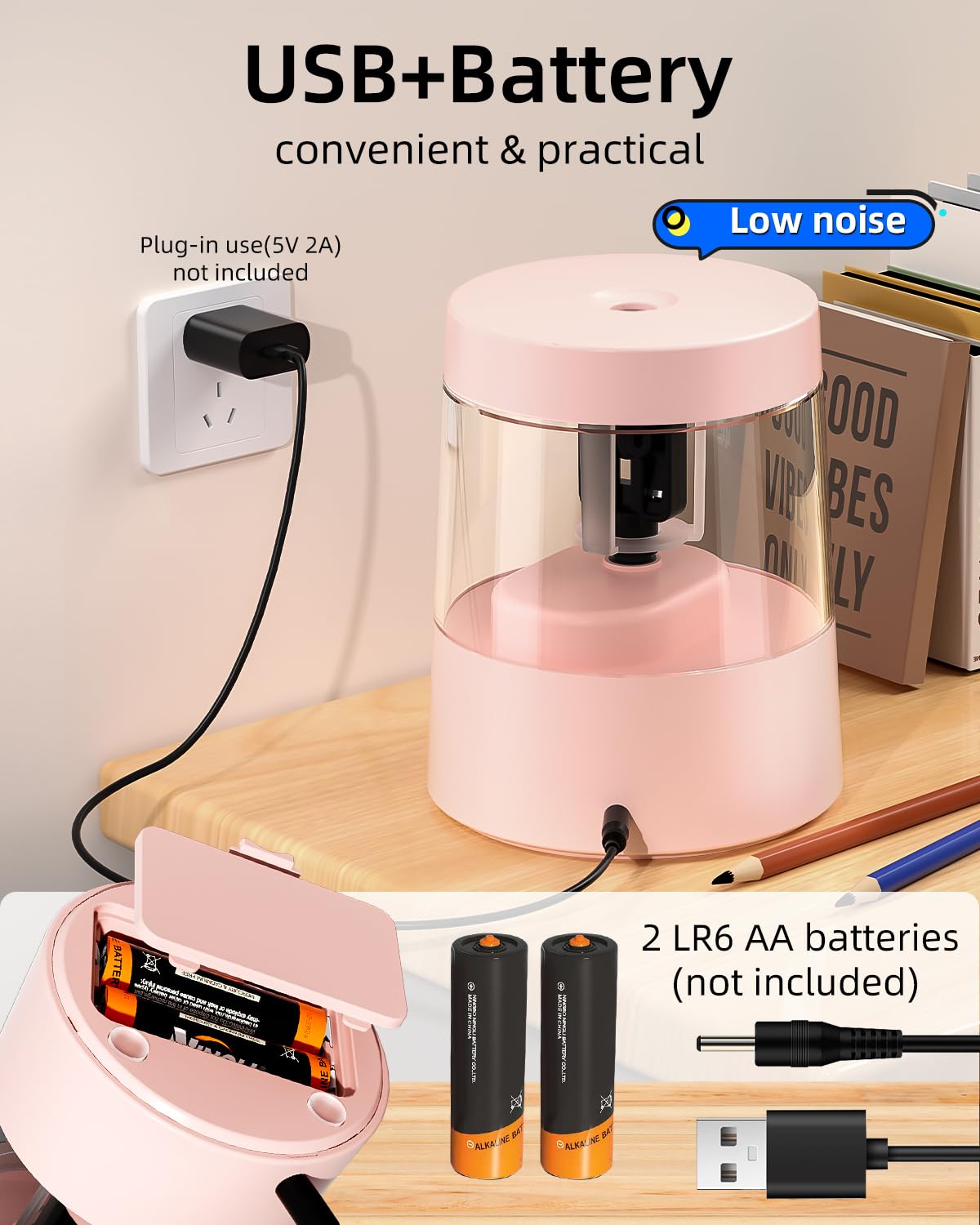 ZMOL Temperamatite elettrico portatile con piccole batterie per bambini, temperamatite elettrico a batteria, adatto per matite colorate #2/6-8 mm