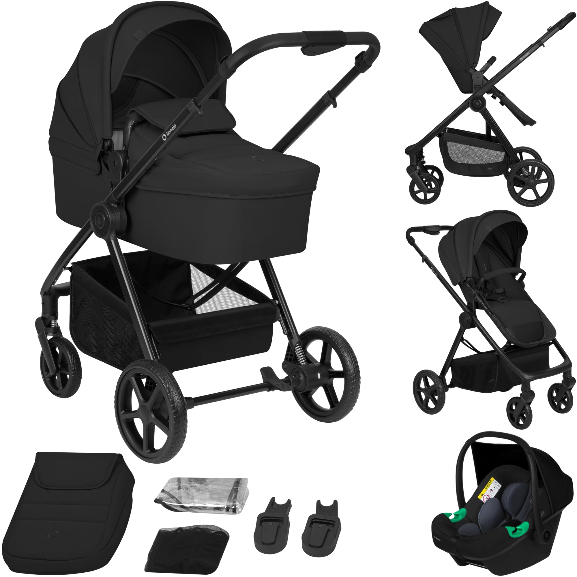 Lionelo Greet Passeggino Trio 3 in 1 per bambini 0-4 anni / 0-22 kg Leggero | Sistema Modulare con Seggiolino Auto,Ampia Navicella,Seduta Reversibile,Telaio,Sospensioni,Posizione Reclinata,UPF50+