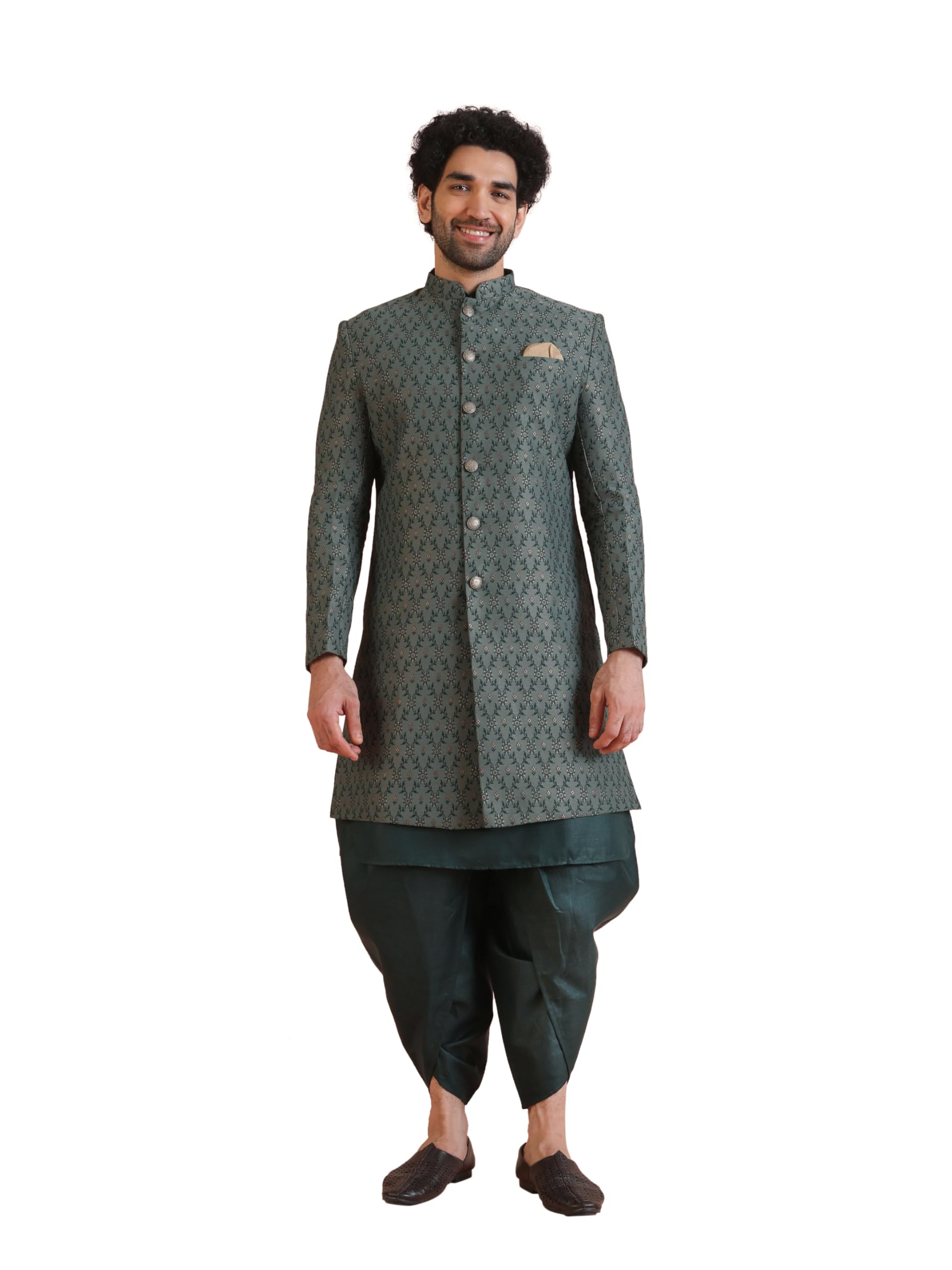 Kisah Men's Ethnic Wear Silk Blend Printed Regular Fit Green Kurta Indo-Western Sherwani Set Indo-Western (36)