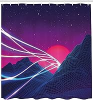 Vista 2 de Ambesonne Synthwave Shower Curtain, Abstract Lines on Checkered Mountains and Cosmic Retro Sun Stars, Cloth Fabric Bathroom Decor Set with Hooks