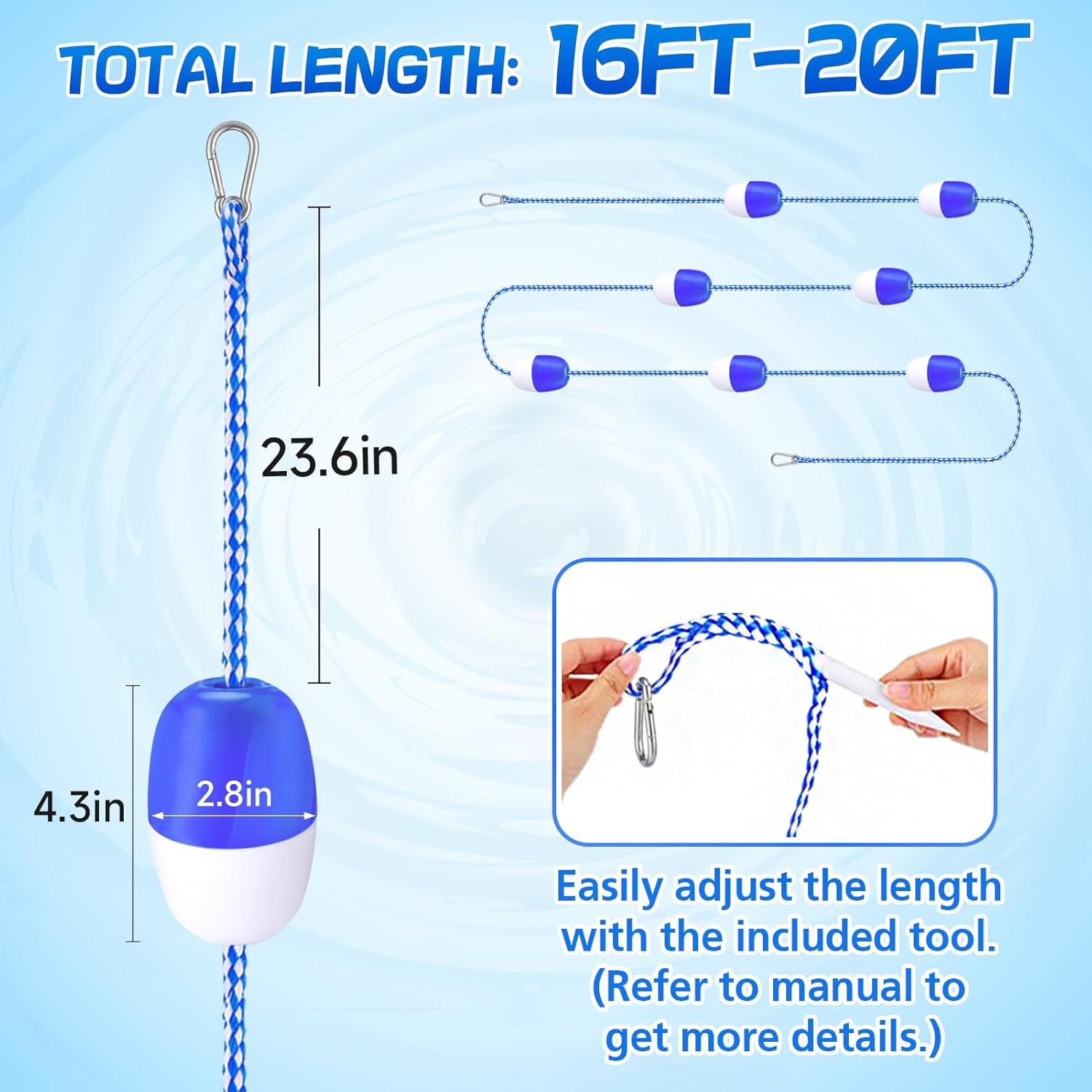 16ft -20ft Adjustable Pool Safety Rope with Floats, Floating Pool Divider- Sturdy, Effective Visibility, Easy to Install - Floating Barrier for Indoor and Outdoor Swimming Pools Separating Depth