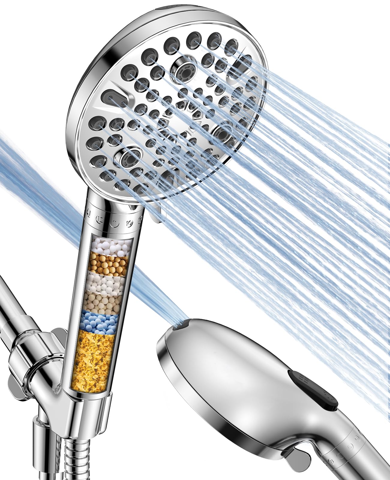 MakeFit Handheld Shower Head with Filter - High Pressure Shower Head with 10 Spray Modes, Hard Water Softener Showerhead with Hose, Bracket and Shower Filters to Remove Chlorine and Heavy Metals