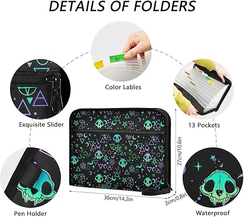 Miniatura 4 de Carpeta de archivos expandible con símbolo mágico de calavera con etiquetas adhesivas, 13 bolsillos con estrellas negras, carpeta de archivos de