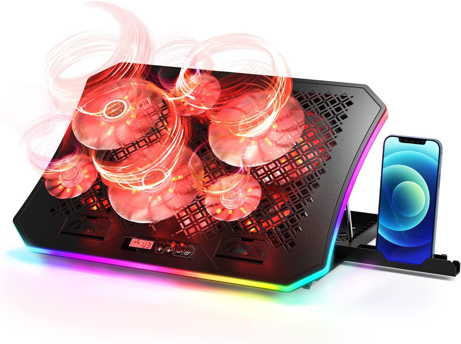 Laptop Cooling Pad, KeiBn RGB Lights Laptop Cooler 6 Fans for 15.6-17.3 Inch Laptops, 7 Height Stands, 10 Modes Light, 2 USB Ports, Desk or Lap Use (A8,Red)