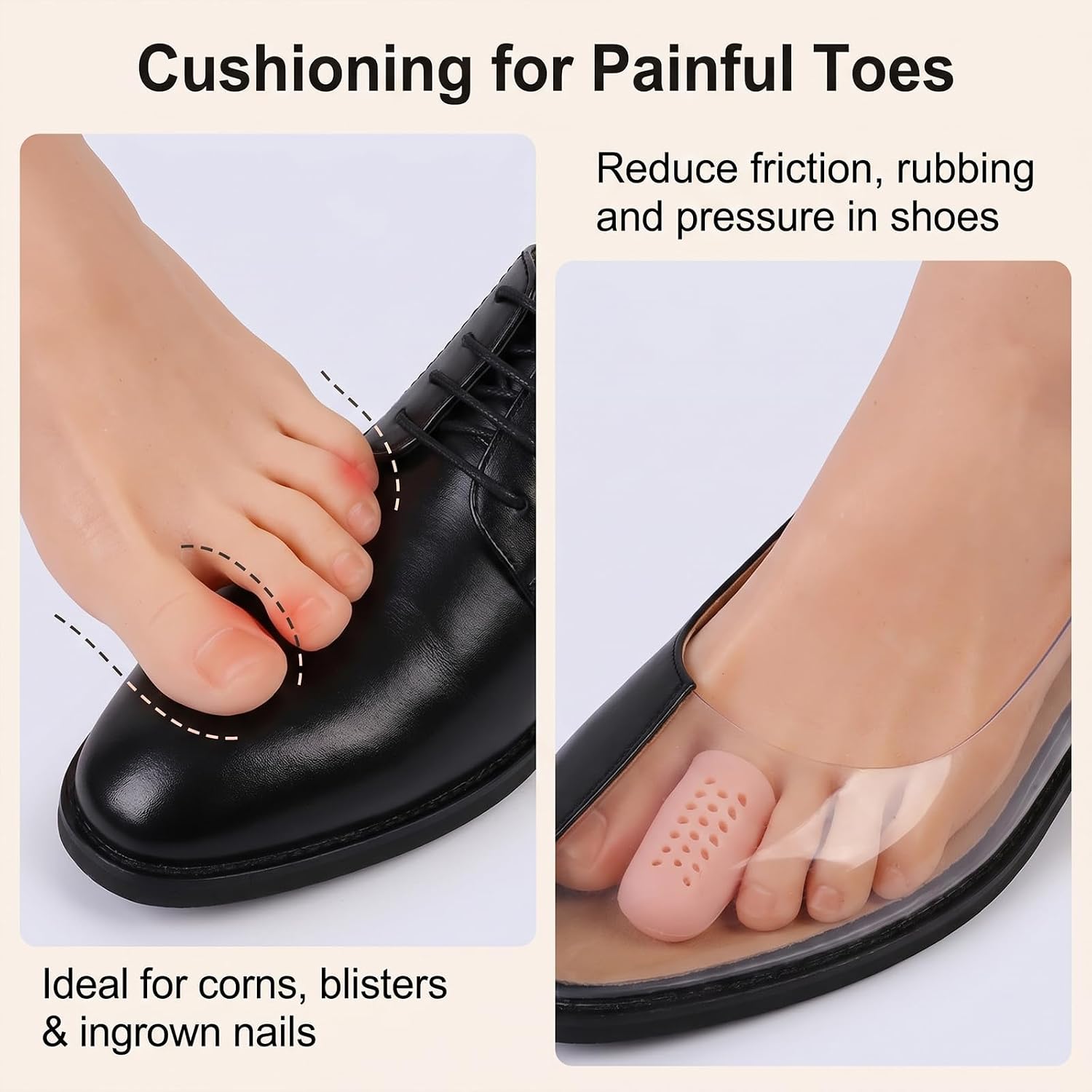 Silicone Toe Caps, Breathable Gel Toe Protectors for Men & Women, Soft Toe Sleeves for Blister Prevention, Ingrown Toenail Protection, Trimable Toe Covers for Pinky & Multiple Toes, 2 Sizes & 2 Colors（10 Pcs）