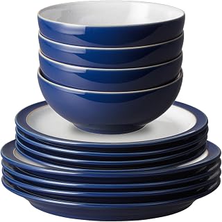 Elements Dark Blue Dinner Set For 4-12 Piece Simple Ceramic Stoneware Tableware Set - Dishwasher Microwave Oven Safe - Scratch Chip Resistant